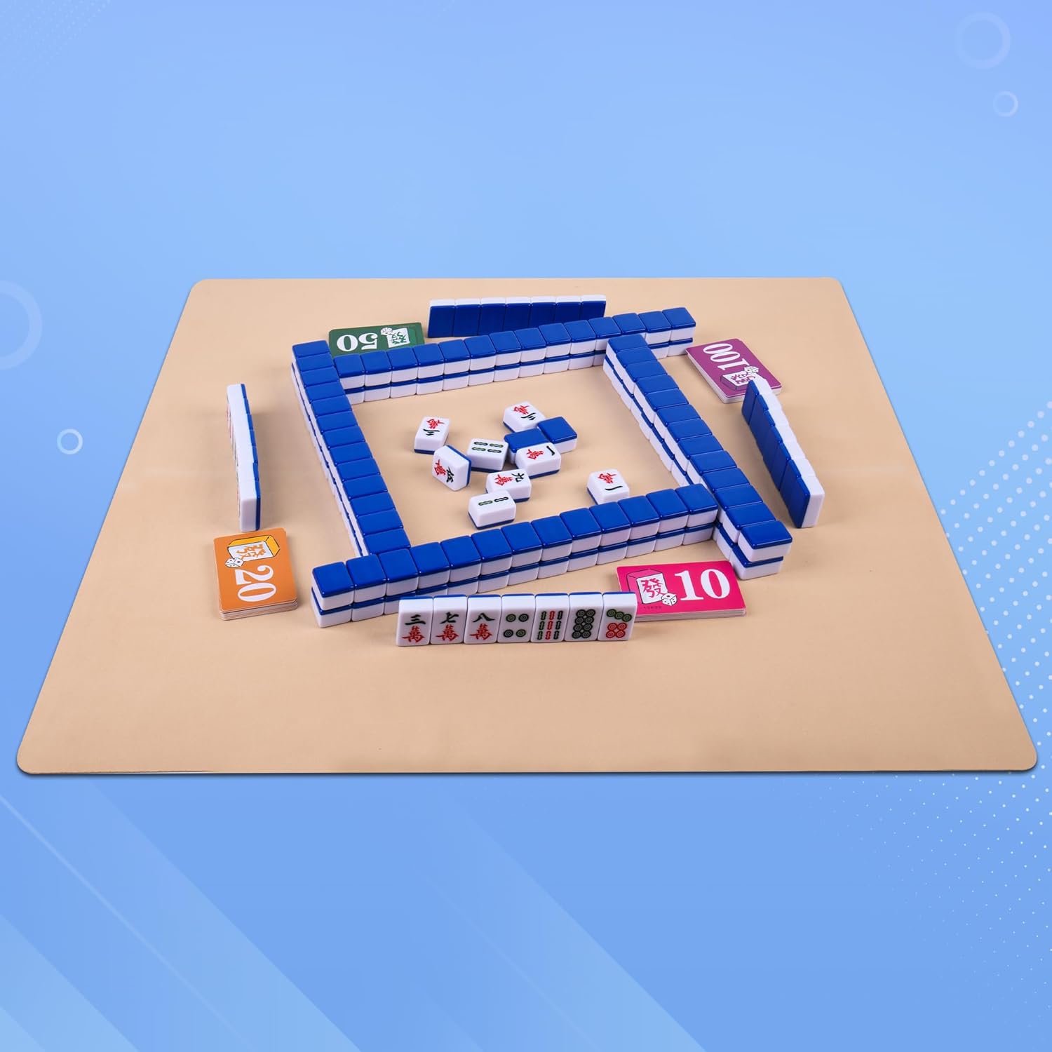 Chinese 1.25"(32MM) Small Royal Azure Mahjong Set with Blue Vinyl Case -152 Melamine Tiles (144 + 8 Blank), Including Dice,Wind indicator,Chips&Mahjong Mat (Majiang)-Collector's Edition for Game Night