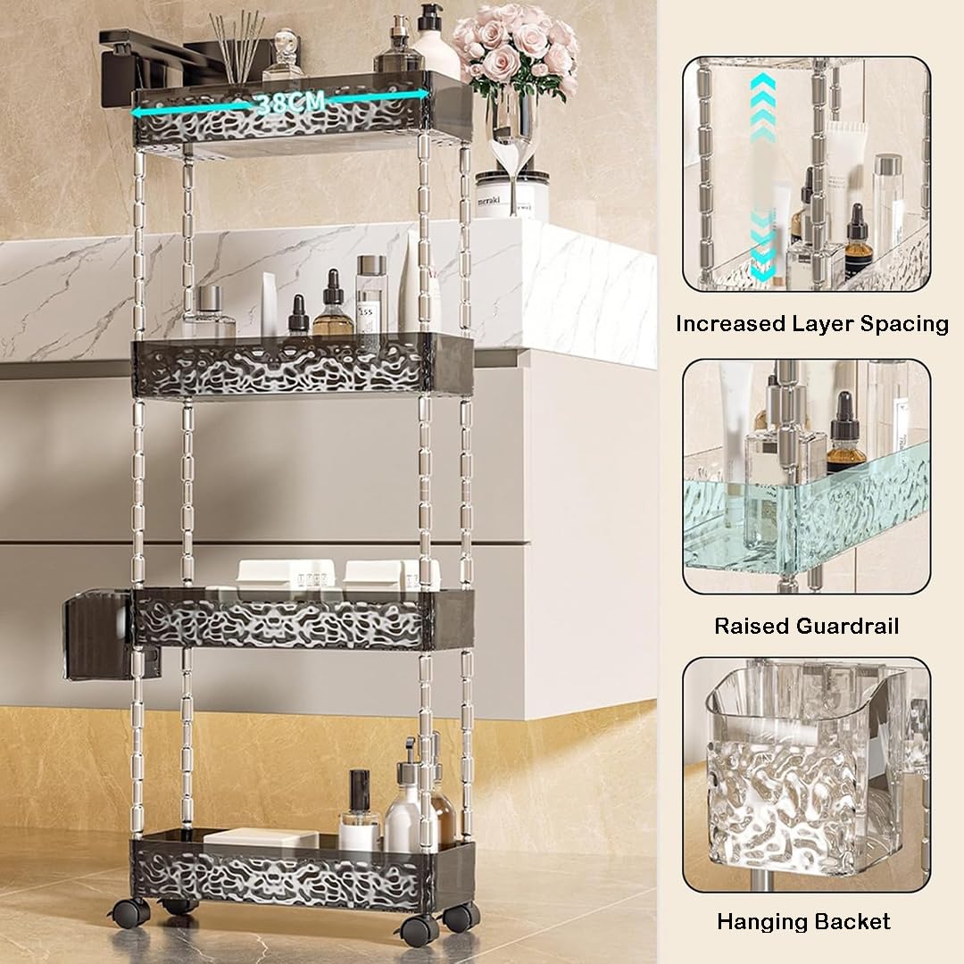 Carrito utilitario de acrílico delgado de 4 niveles con ruedas bloqueables, estantería móvil para almacenamiento de cocina y baño, carrito versátil para una fácil instalación