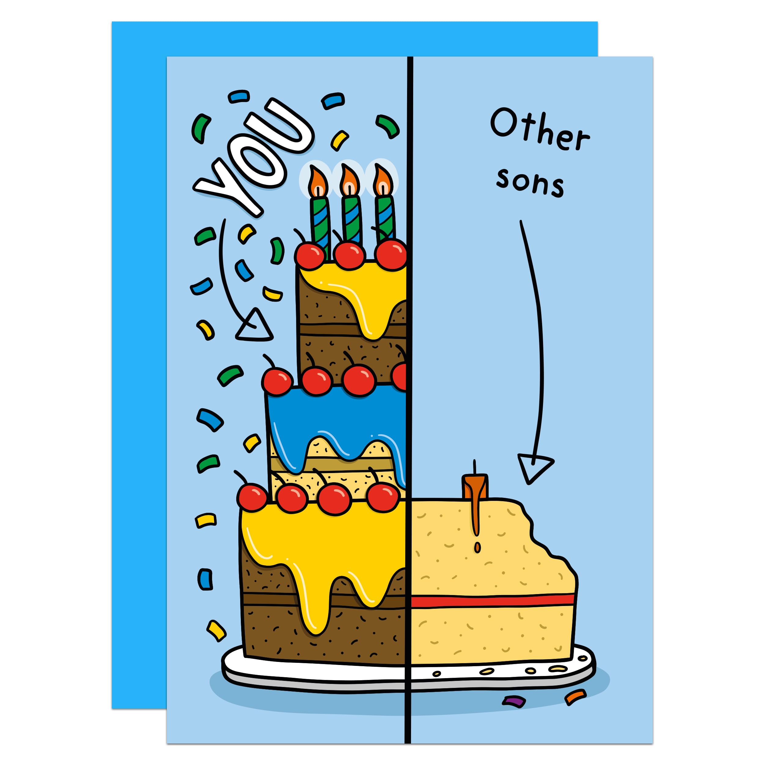 Split Cake Birthday A6 Card, Cute, Funny, For Son, Birthday Cake, From Mum, From Dad, The Best, Adult (Son)