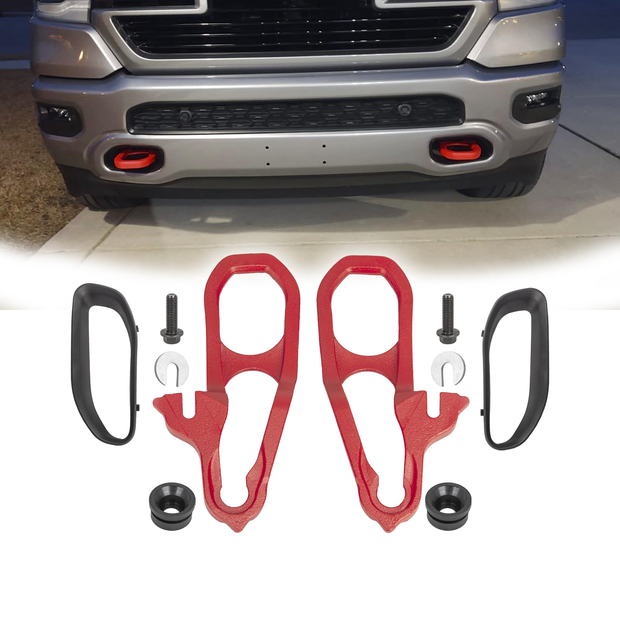 FaFern Heavy Duty Front Tow Hooks Compatible with 2019-2024 Dodge Ram 1500 DT, Replace OE 68272944AB 68272945AB 82215268AB, Left & Right, Red
