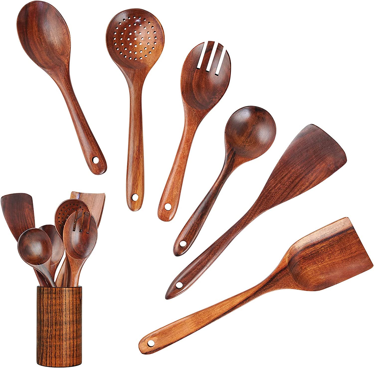 Holzutensilien-Set, 7 Stück, natürliche Teakholz-Löffel zum Kochen, Holzspatel und Löffel mit Halter