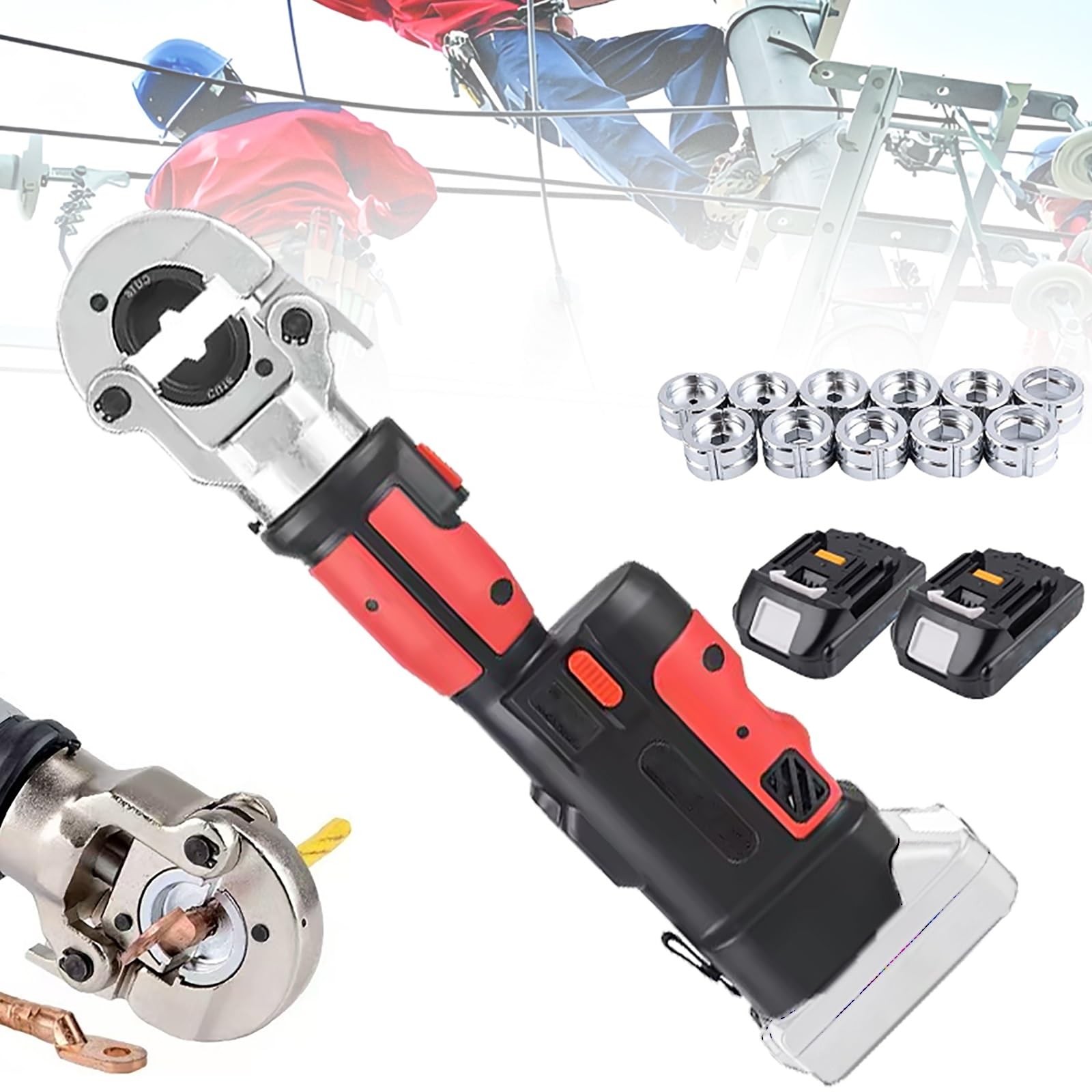 Vitalisworks Red Hydraulic Crimping Tool Kit, Efficient Battery Powe Cable Lug Crimper With 12 Die Pairs & 2 Batteries, For Electrical Terminals 10-300Mm2 (Red)