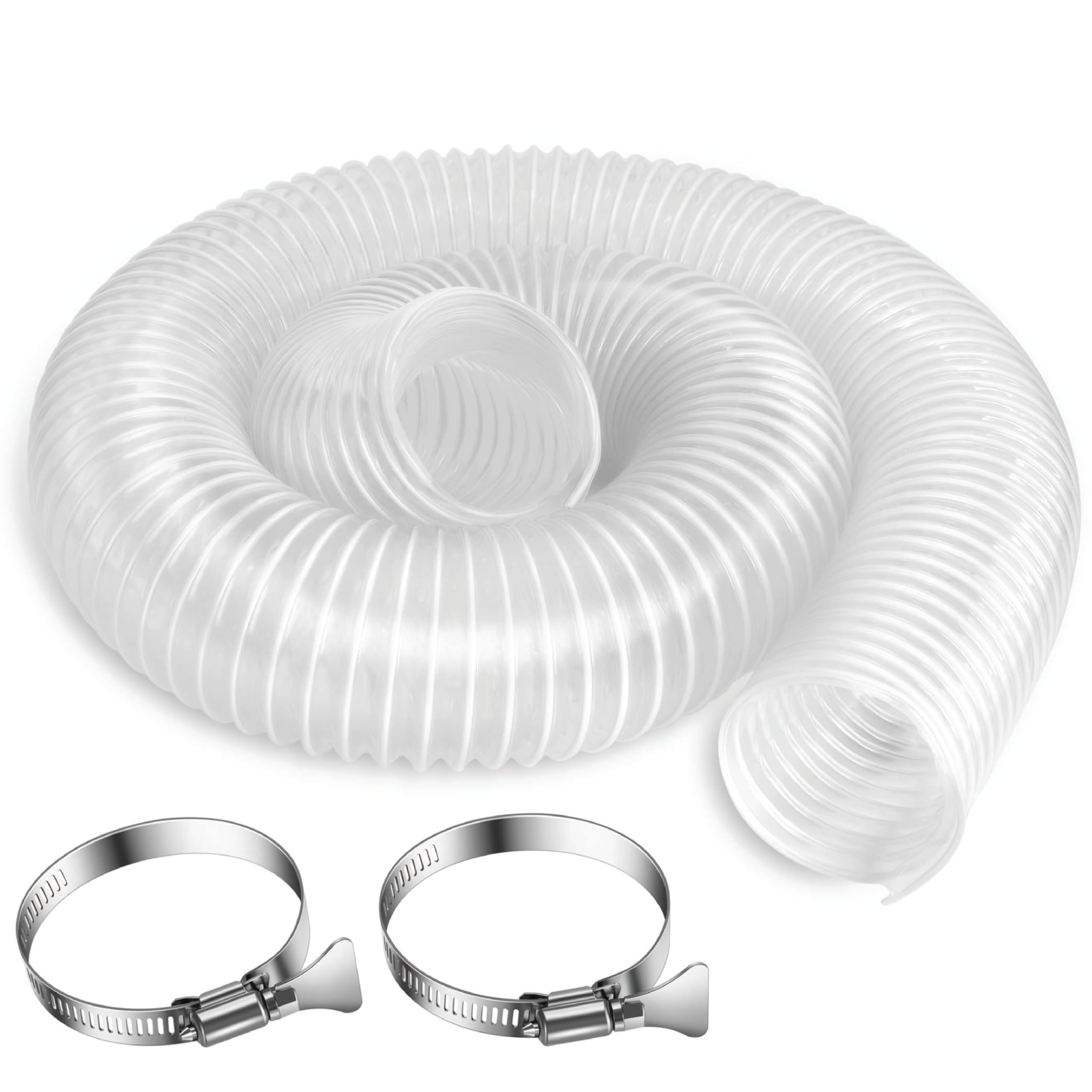 2.5 Inch x 5 Feet Dust Collection Hose - Flexible Clear PVC Contractor Grade Puncture Resistant Dust Debris Fume Hoses - Coated Wire Helix Reinforced - Includes Clamps