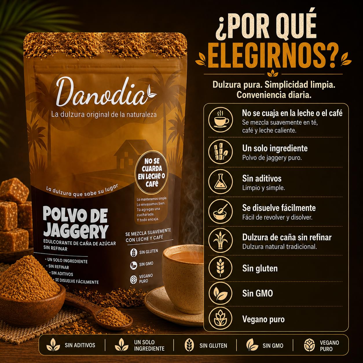 Danodia Foods Jaggery en Polvo 950 g / 2 lb, Endulzante Tradicional en Bolsa Resellable, Especialmente Formulado para Leche, Té, Café, Postres y Cocina Diaria