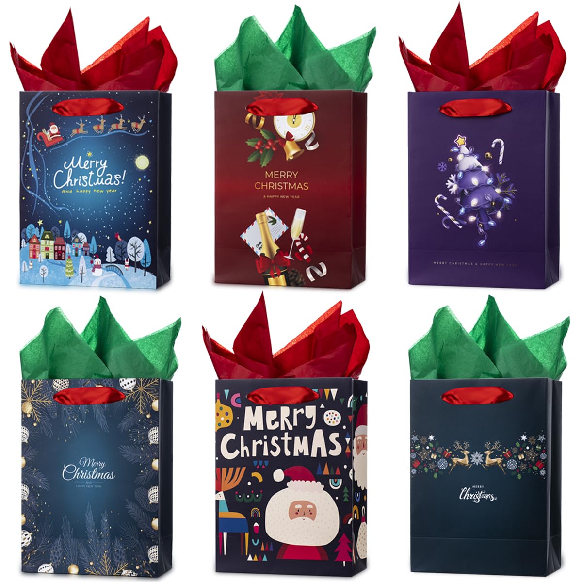 ARTLYMERS 24Pcs Small Christmas Gift Bags with Handles, Tissue Papers for Gift Wrapping, Bulk Kraft Paper Bags Assorted Christmas Prints for Xmas,