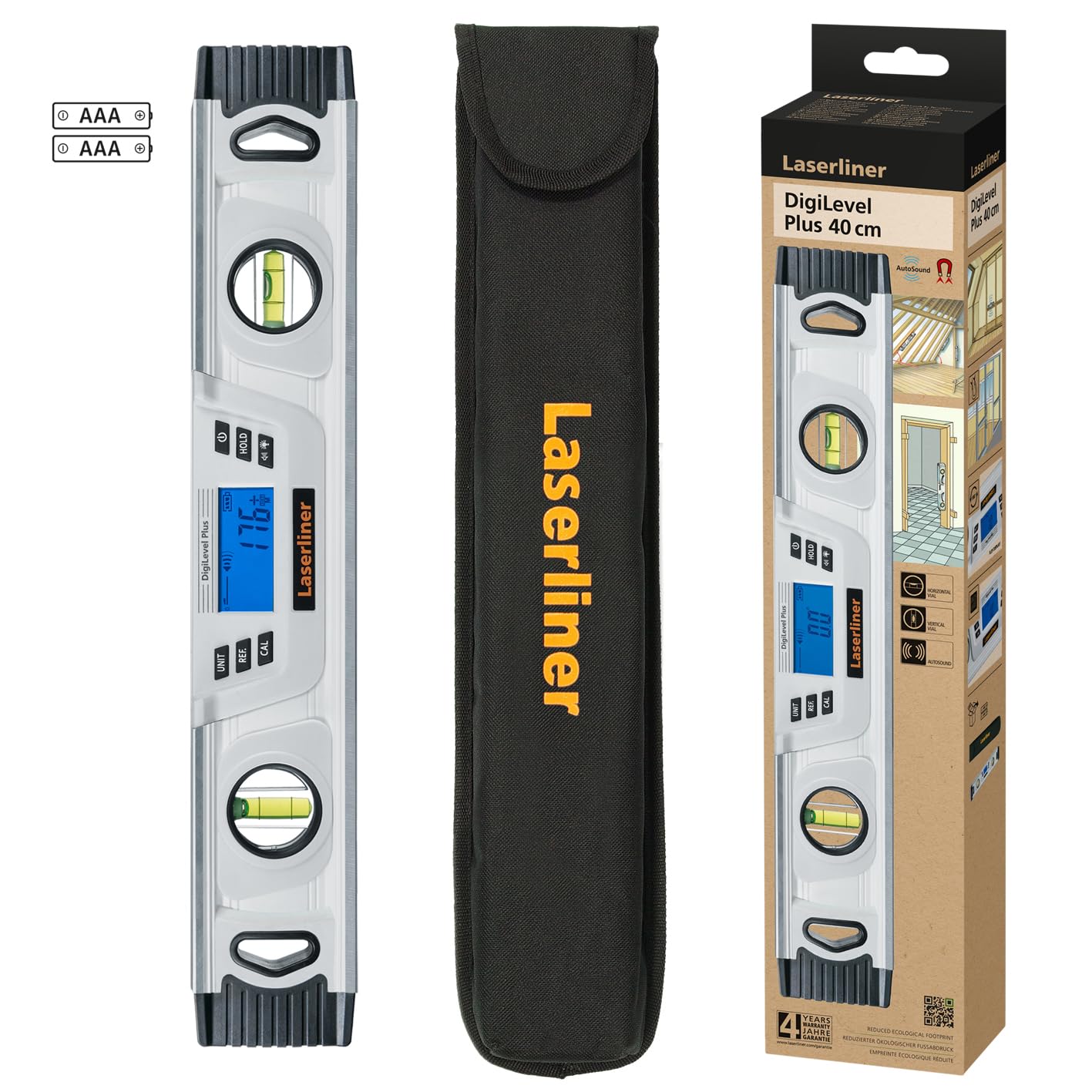Laserliner - Nivel de burbuja digital DigiLevel Plus 40, medición de ángulo de 360°, calibración por giro, soporte magnético y pantalla abatible, fácil de leer