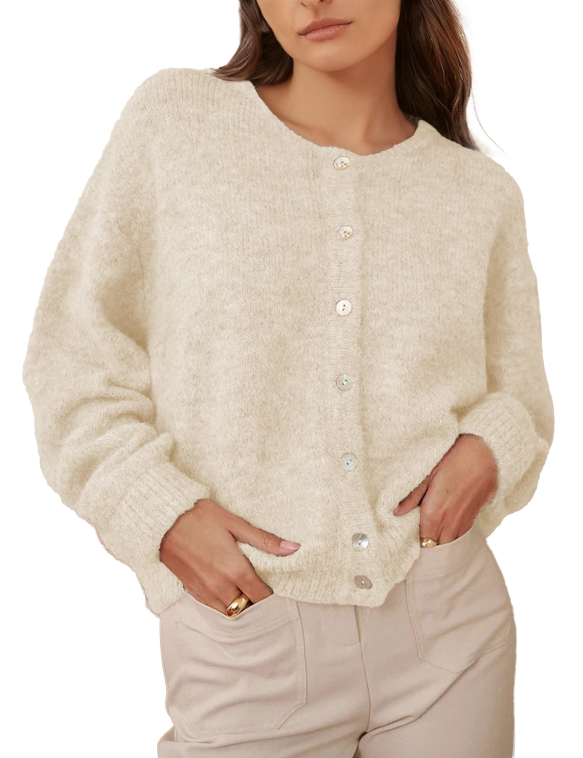 Womens Round Neck Button Down Long Sleeve Blouse Cardigan Loose Fit Knit Top Crewneck Sweater