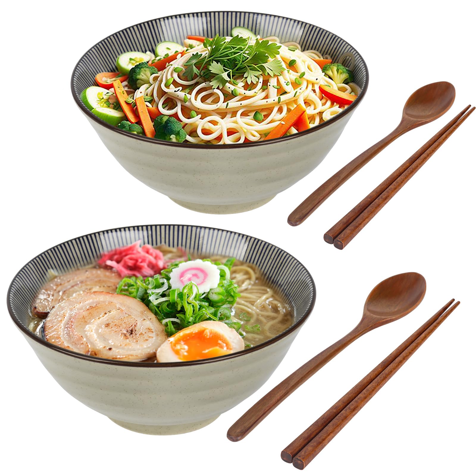 Set di 2 ciotole in ceramica per ramen, ciotole giapponesi con bacchette e cucchiai, per zuppe, pasta, frutta, insalata, riso, cibo, 1100 ml, adatte al microonde, regali di inaugurazione della casa