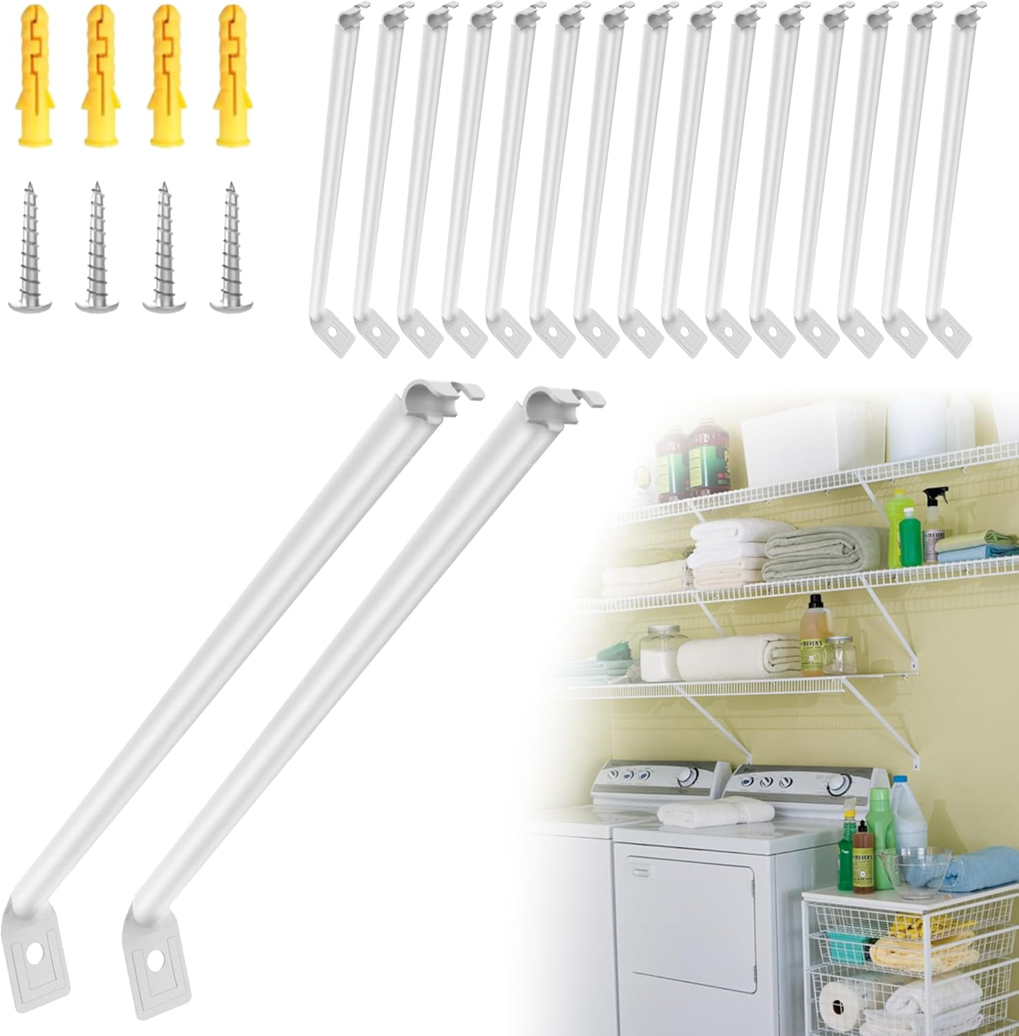 15 Pack 12 inch Wire Shelf Brackets, Closet Shelf Support Bracket with Anchors and Pins Support Wire Shelving Brackets for Kitchen, Pantries, Garages, Laundary, Shop and More For 12" Closet Shelves