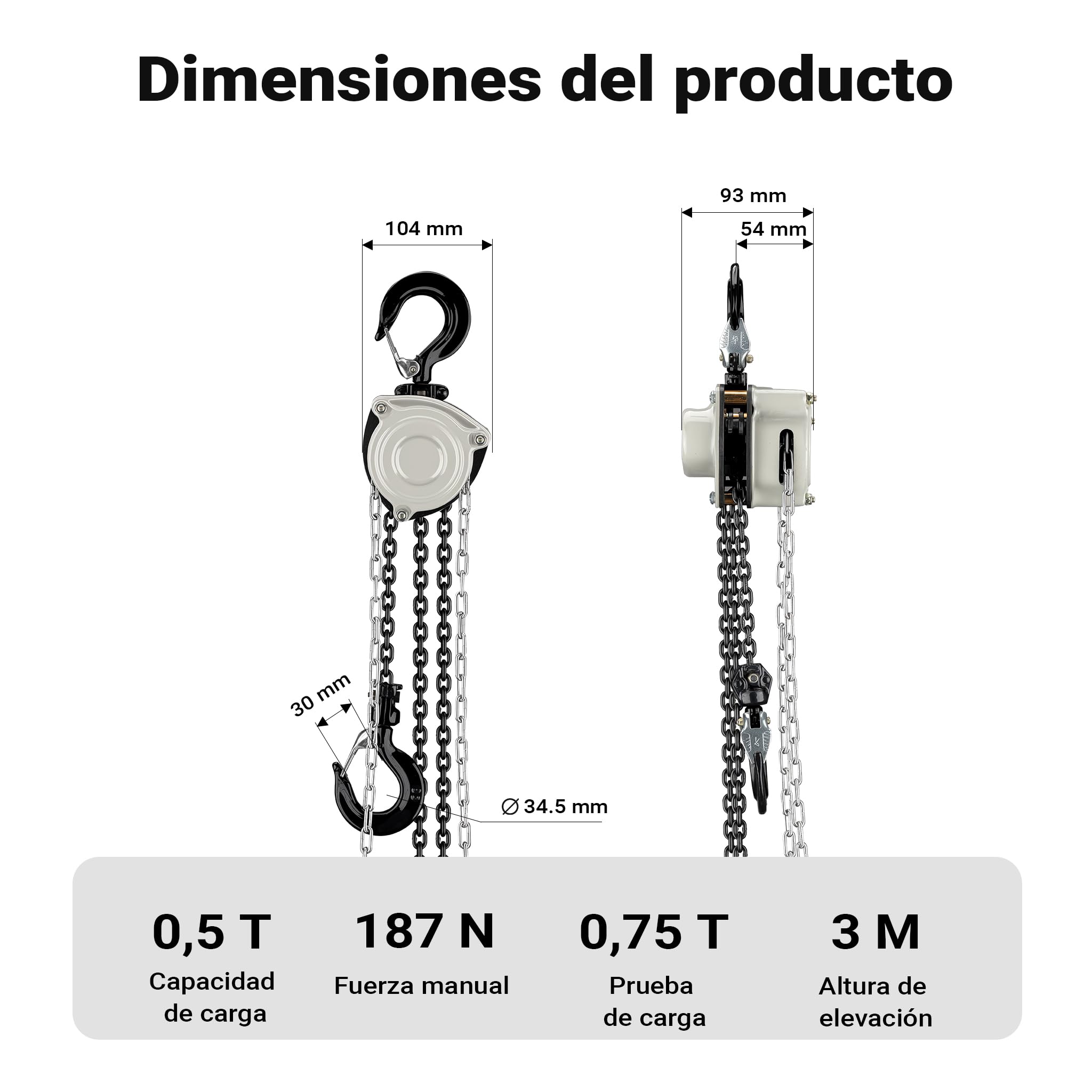 Wiltec Polipasto manual de cadena 500 kg 3 m de elevación ganchos de seguridad cadena G80 galvanizada diseño resistente duradero ligero y compacto ideal para talleres y obras