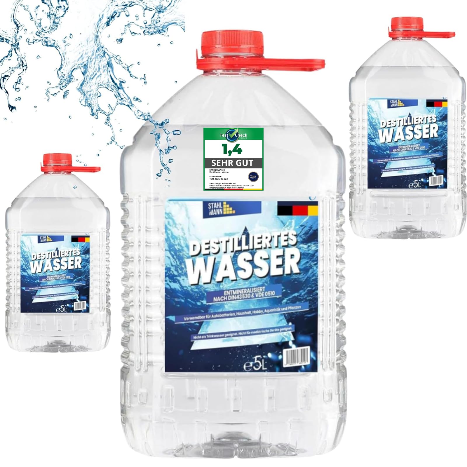 STAHLMANN® Destilliertes Wasser [3x5L] - Destilliertes Wasser [Made in Germany] für Dampbügeleisen und vieles mehr– Destilliertes Wasser (3x5L)