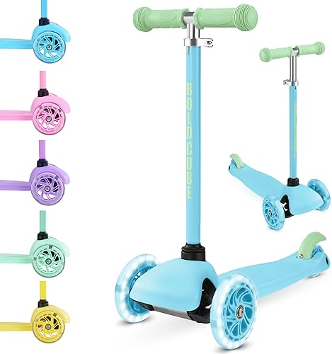 Teeny  Scooter de 3 ruedas color menta para niños y niños pequeños de 3 a 6 años  Ruedas intermitentes  Altura ajustable de 53 a 27.6 in  My First