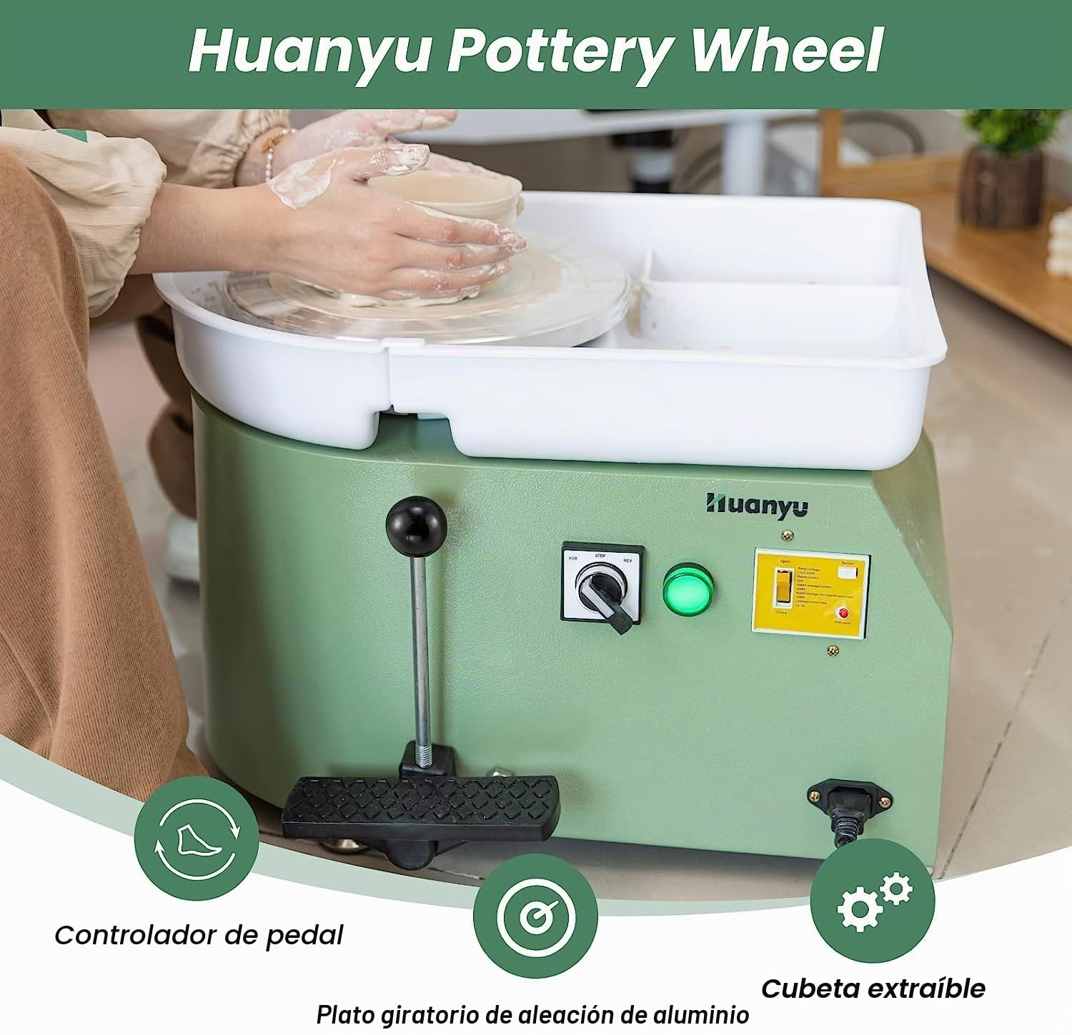Huanyu Máquina de cerámica de rueda de cerámica de 9-13/16 pulgadas con pedal de pie, máquina eléctrica de cerámica con lavabo desmontable para estudio de cerámica, entrenamiento de cerámica