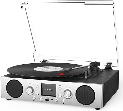 VinylsLink - Tocadiscos con altavoces integrados, tocadiscos accionados por correa, soporte de 3 velocidades, radio FM y recepción Bluetooth, salida