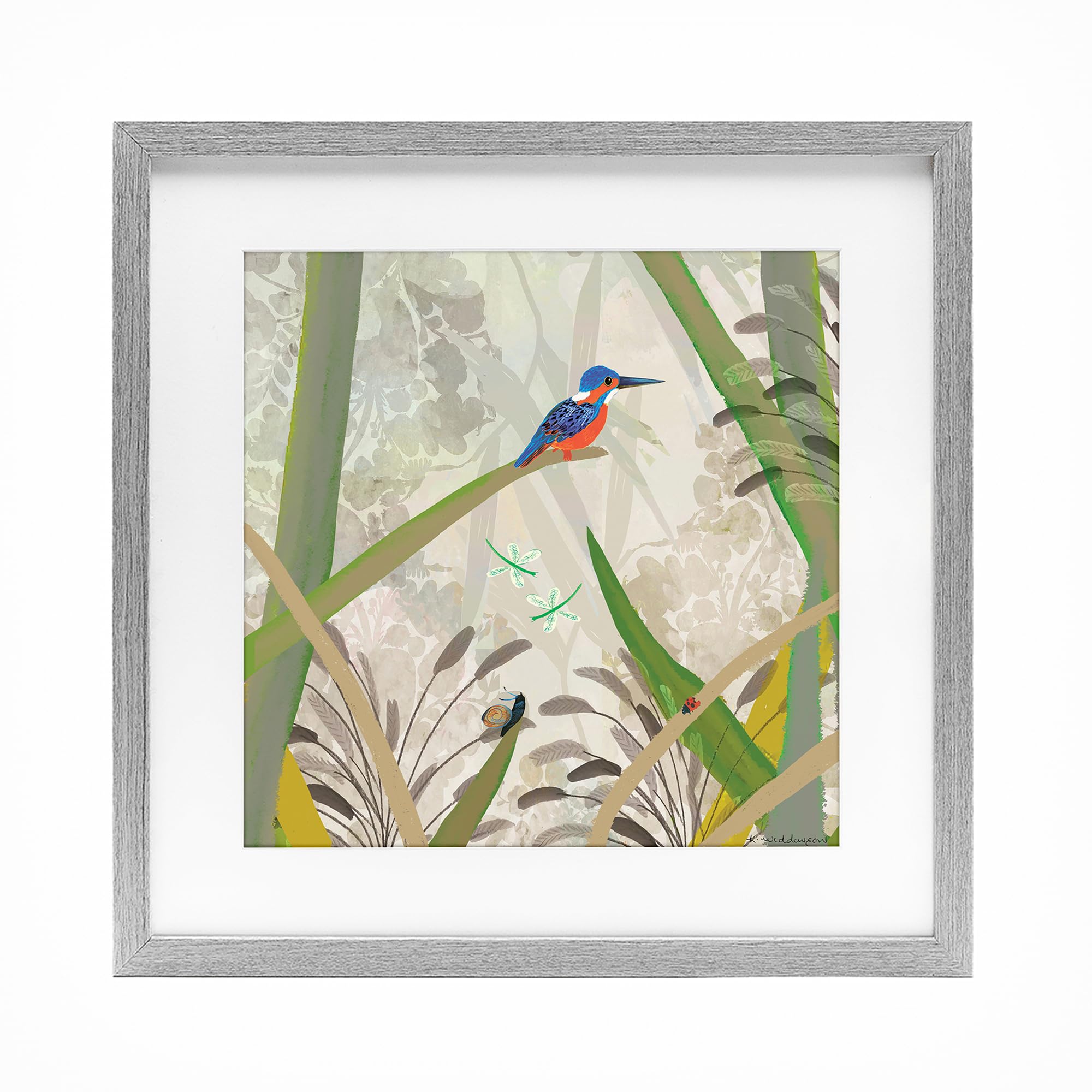 Stupell Industries 'Kingfisher Among Branches', Framed Print Under Glass, Gray, 16 x 16 Inches, Easy to Hang and Sturdy, Made in USA, by Kay Widdowson