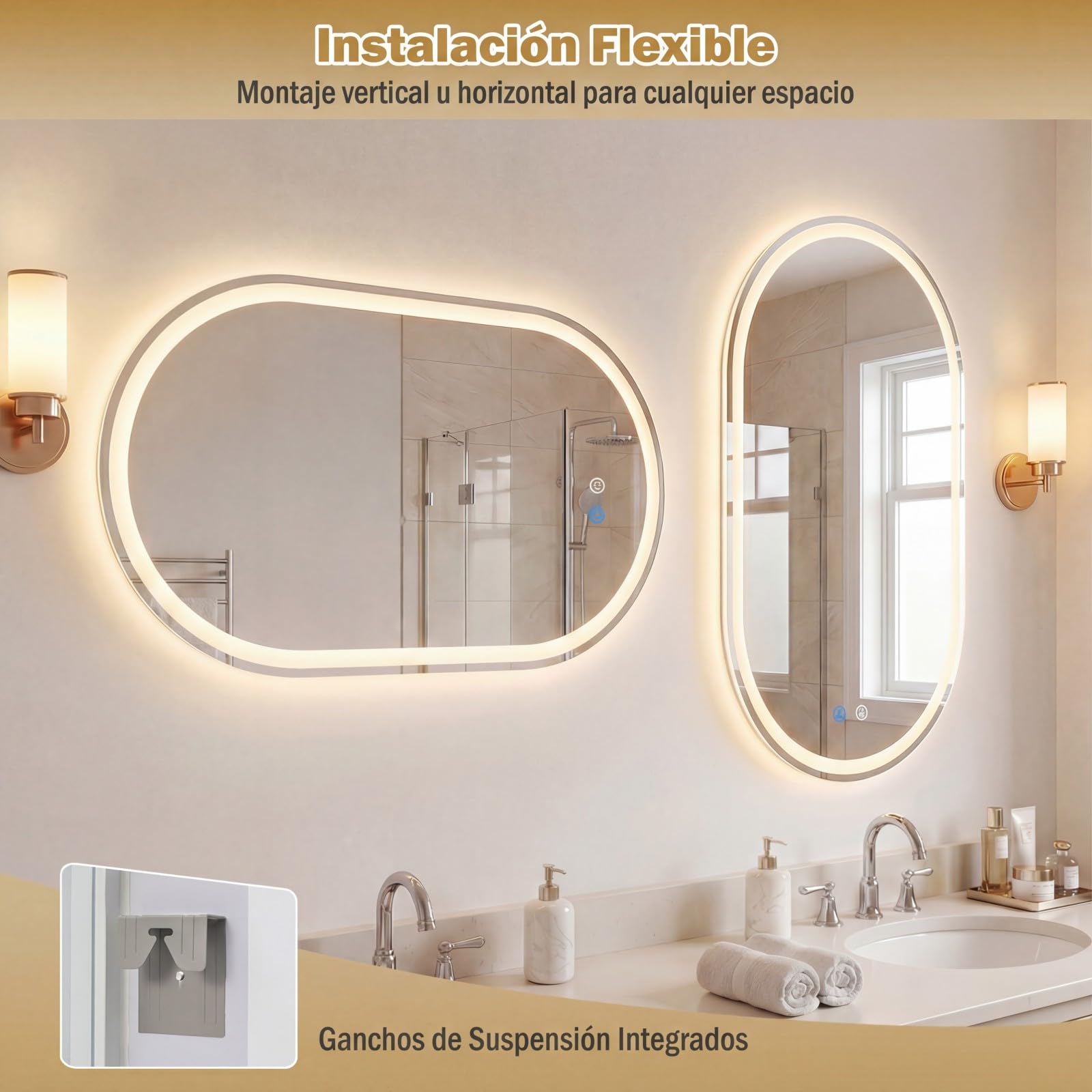 COSTWAY Espejo de Baño Iluminado con LED, Espejo Ovalado sin Marco Resistente a Roturas, Temperatura de Color Regulable en 3 Modos, con Interruptor Táctil, Función Antivaho (80 x 50 cm)