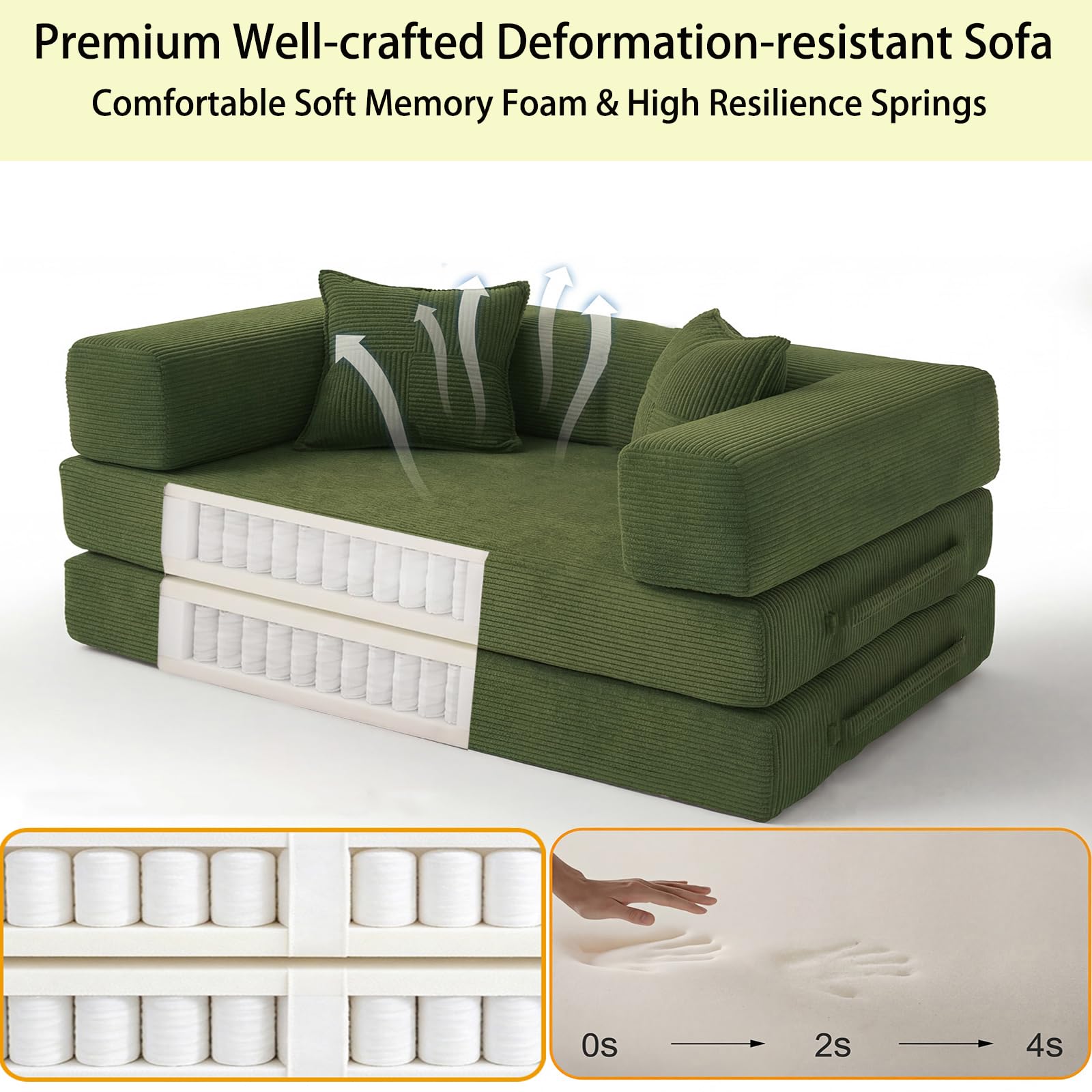 Vipbear 200cm Canapé Convertible 3 Places Fabriqué en Velours Côtelé de Haute Qualité, Versatile 5 en 1 avec Forme de Mémoire Haute Densité pour Chambre à Coucher, Vert