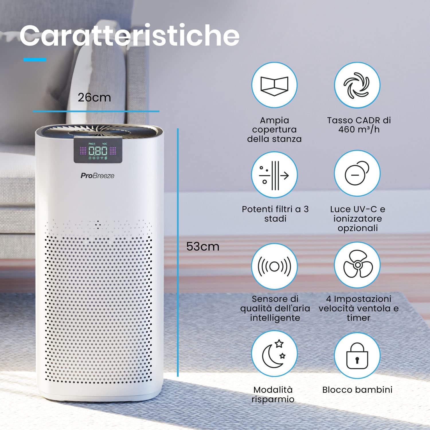 Pro Breeze Purificatore d'Aria Ultra Potente CADR 460 m³/h (140 m²/1500 ft²), Luce di Pulizia UV, Ionizzatore, filtro HEPA13 che cattura il 99,95% delle particelle e allergeni