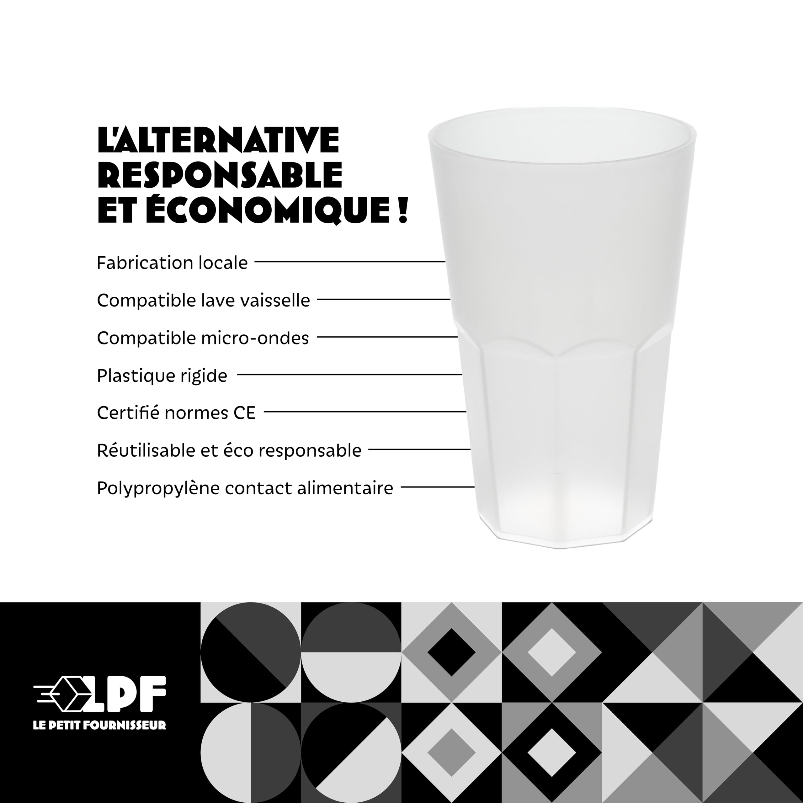 LPF LE PETIT FOURNISSEUR - Lot de 50 Gobelets à cocktail réutilisables Granity 33cl (40cl à ras-bord) - Polypropylène plastique alimentaire rigide - Verre à eau, bière, long drink - Couleur givrée