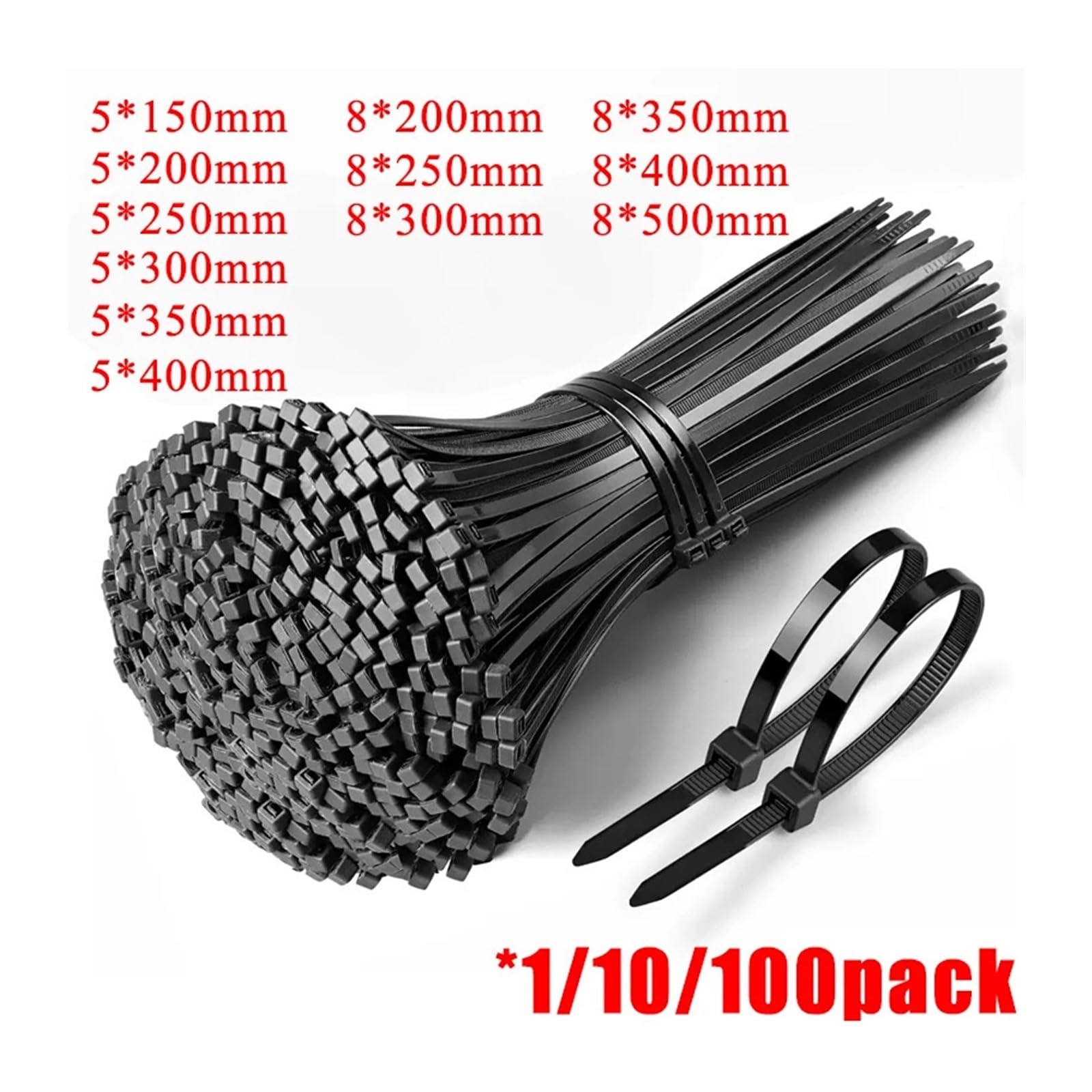 Selbstsichernde Kabelbinder aus ABS-Nylon mit, Selbstsichernder Nylon-Kabelbinder, Schwarz, mehrere Größen, Packung mit 250 oder 500 Stück(8x300mm,1 Pack)
