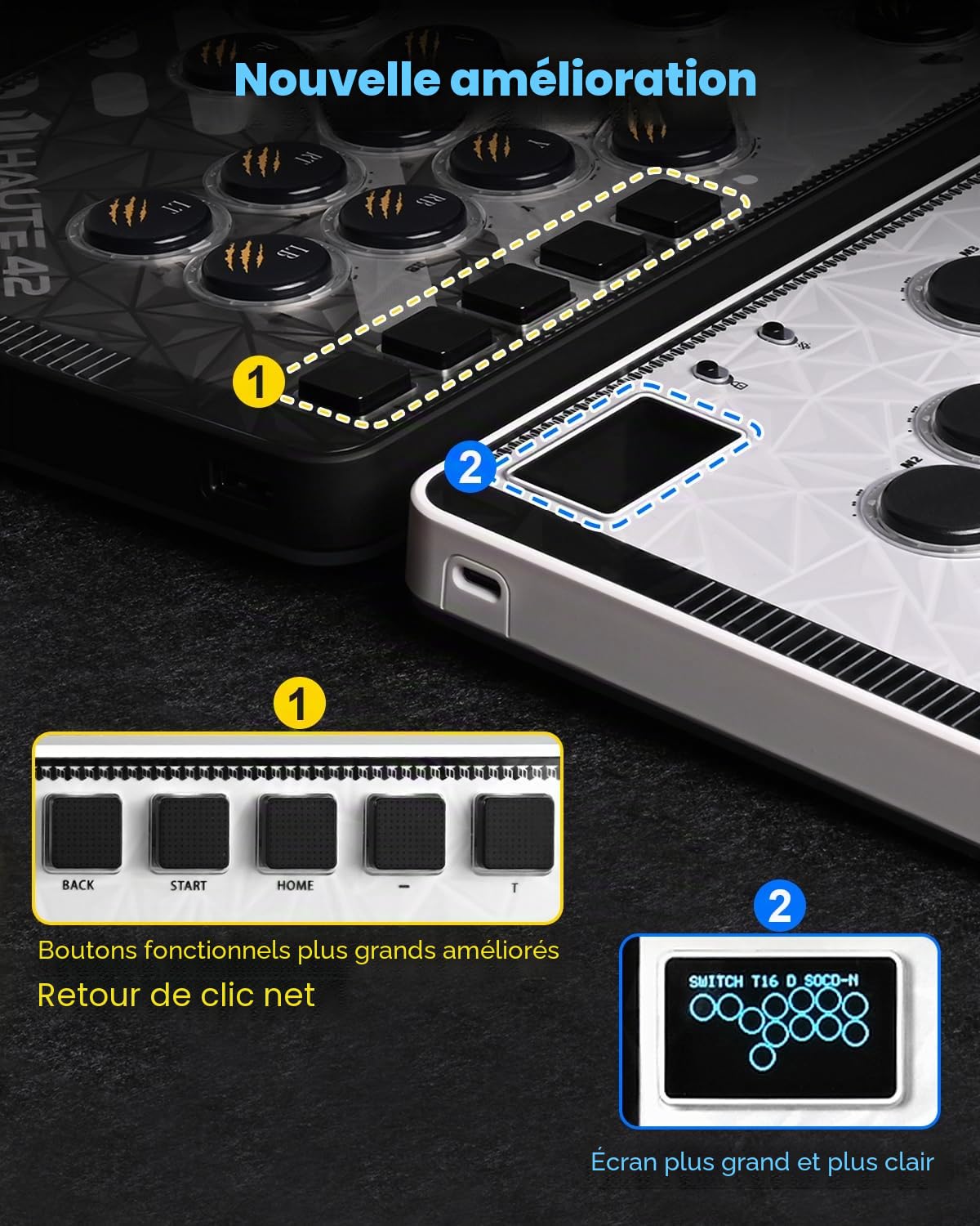 Haute42 C-AT Bâton d'arcade sans levier pour PC/PS3/PS4/Switch Game, contrôleur d'arcade avec câble de sécurité et support Turbo Swap et SOCD Blanc