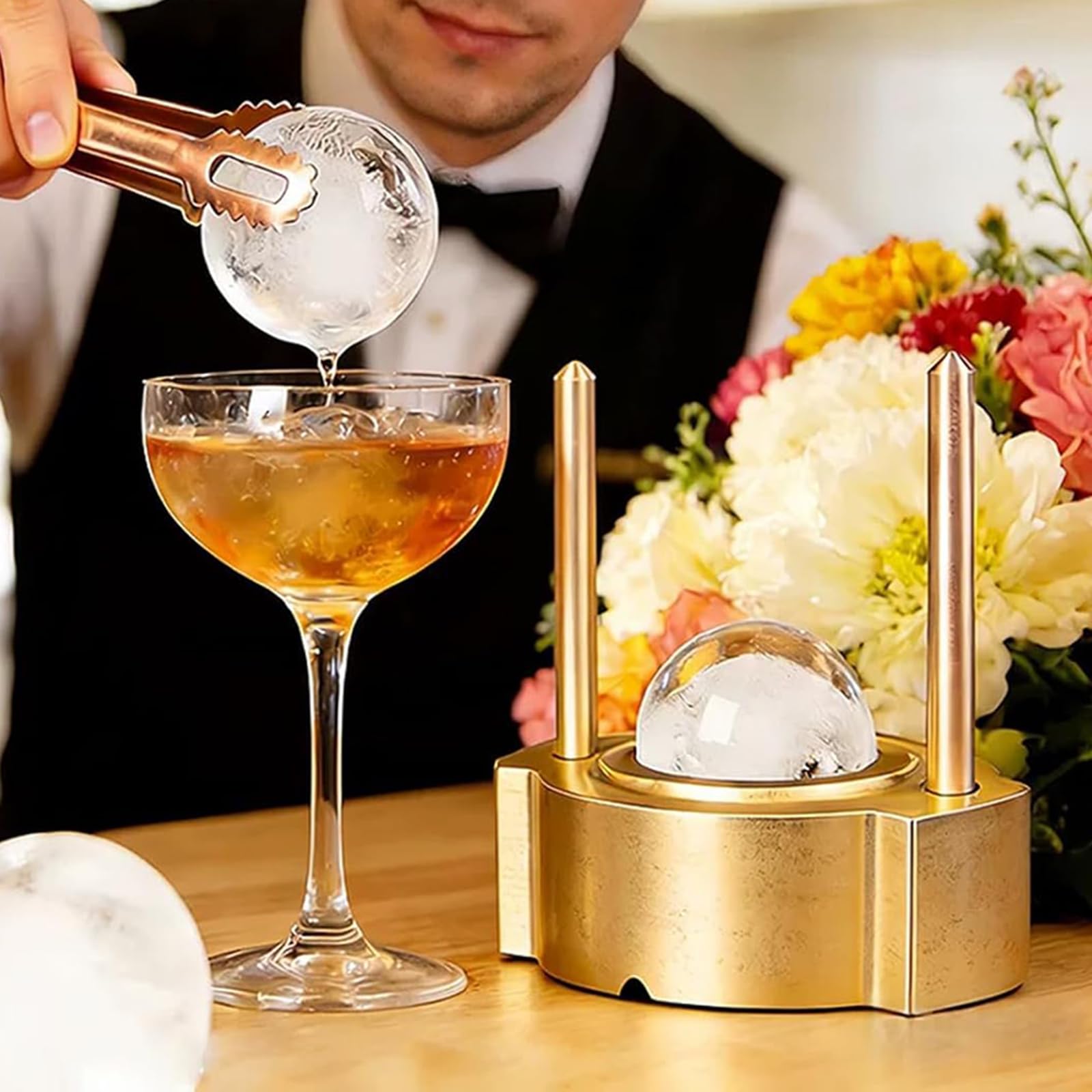 Kit de prensa de bolas de hielo, moldes de esfera de latón resistentes para whisky y cócteles, compresión rápida para esferas de hielo de 5,5 a 6,5 cm, perfecto para bares y fiestas en casa