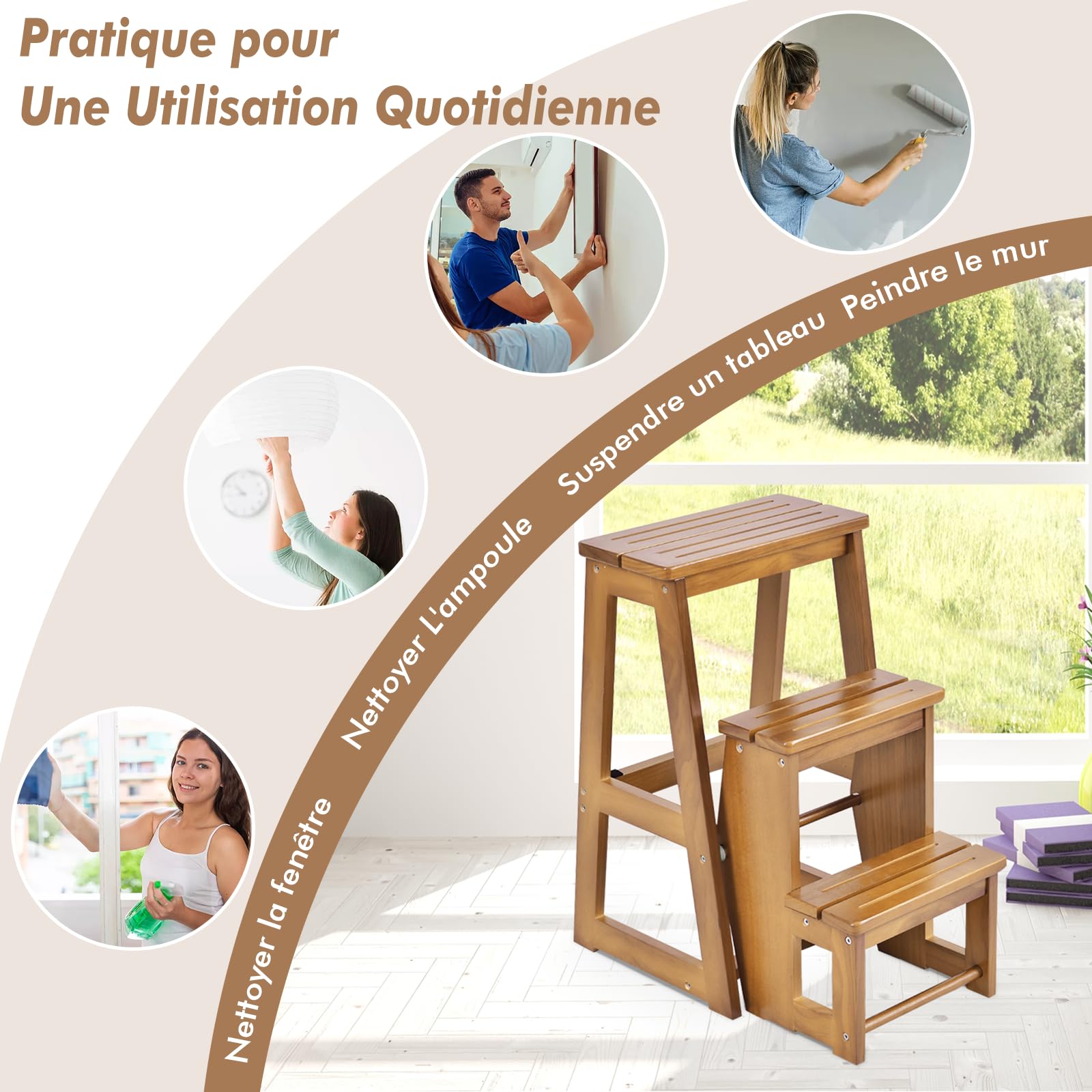 GIANTEX Escabeau Tabouret en Bois,Escabeau à 3 Marches Pliable,Marche Pied Echelle Portable, Peu Encombrant,pour Cuisine Chambre (Naturel)