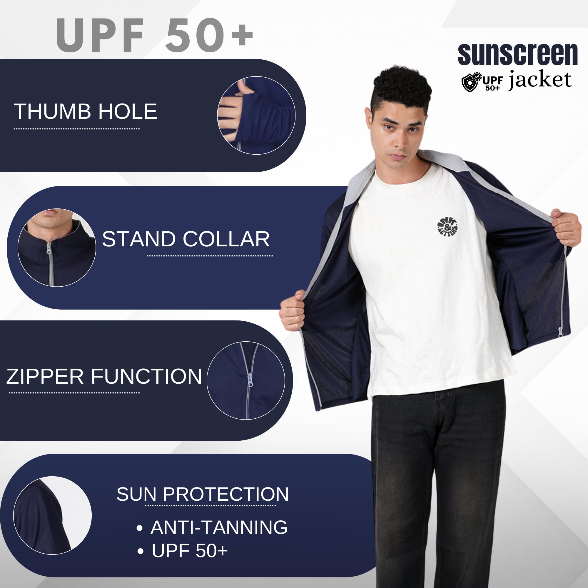 MIA FASHION Summer Jacket with UV Protection UPF 50+ for Men Anti-Tan & SPF 50+ Sun Protection |Lightweight & Breathable Coolrush Jacket for Cycling & Bike Rider (IN, Alpha, M, Regular, Navy Blue) 2