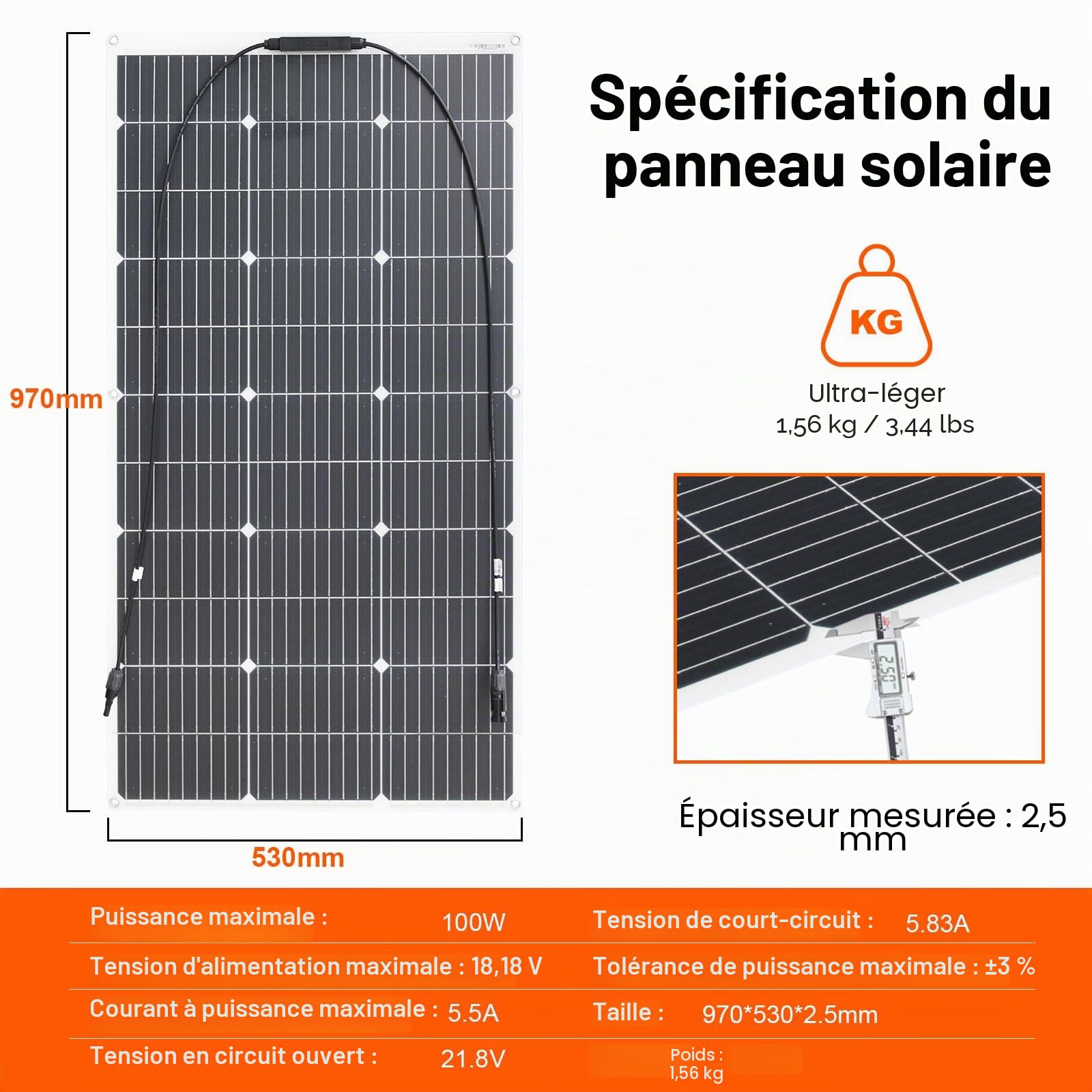 Kit Panneau Solaire Flexible 100W avec régulateur charge pour batteries 12V