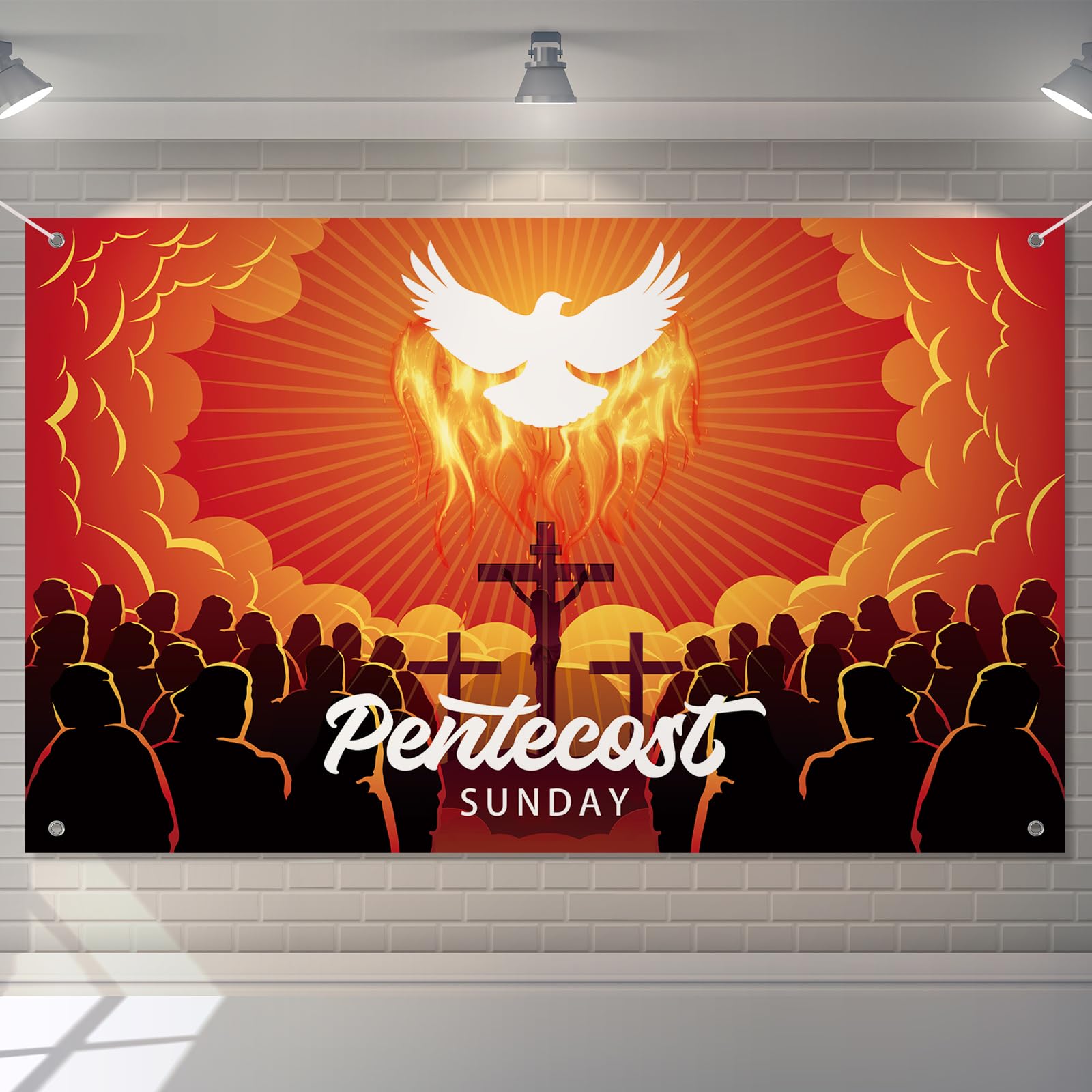 Tingjoo 71 x 43 Inch Pentecost Decorations Church Banner for Sanctuary Wall Holy Spirit Sunday Backdrop Communion Religious Baptism Dove Decorations