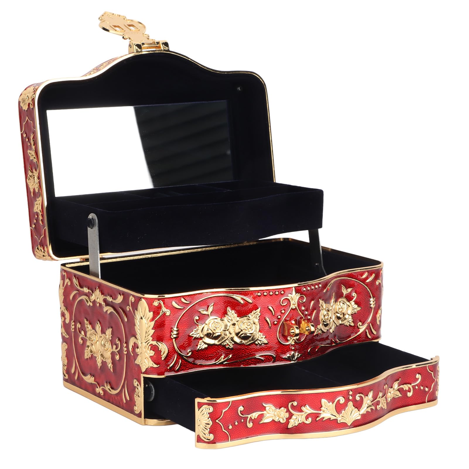 Retro Emaliowane Etui na biżuterię Wykwintne Metalowe Dekoracje Kwiatowe Eleganckie Niebieskie Welurowe Pudełko na biżuterię do Kolekcji Vintage Stop Cynku Szkło 7,09 X 5,12 X 4,13 Cala