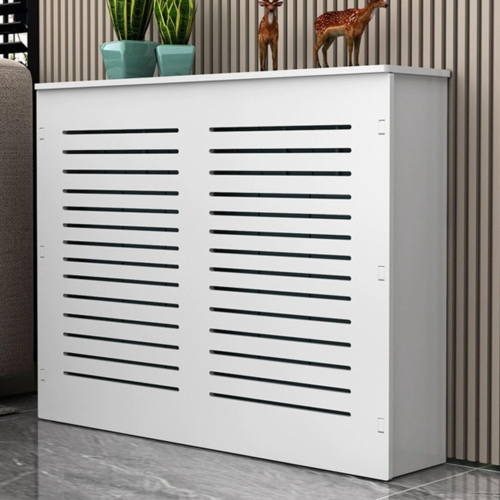 Meuble cache-radiateur premium en bois à lattes style élégant