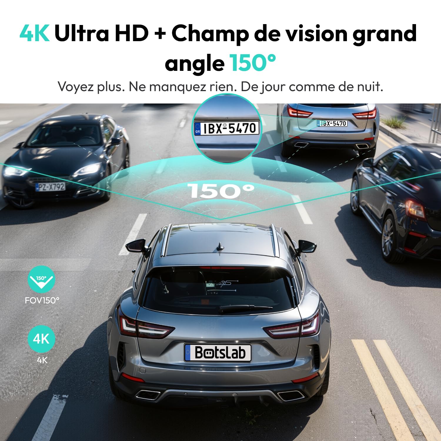 BOTSLAB 4K Dashcam Voiture Avant, Rotative 360° avec Super Condensateur