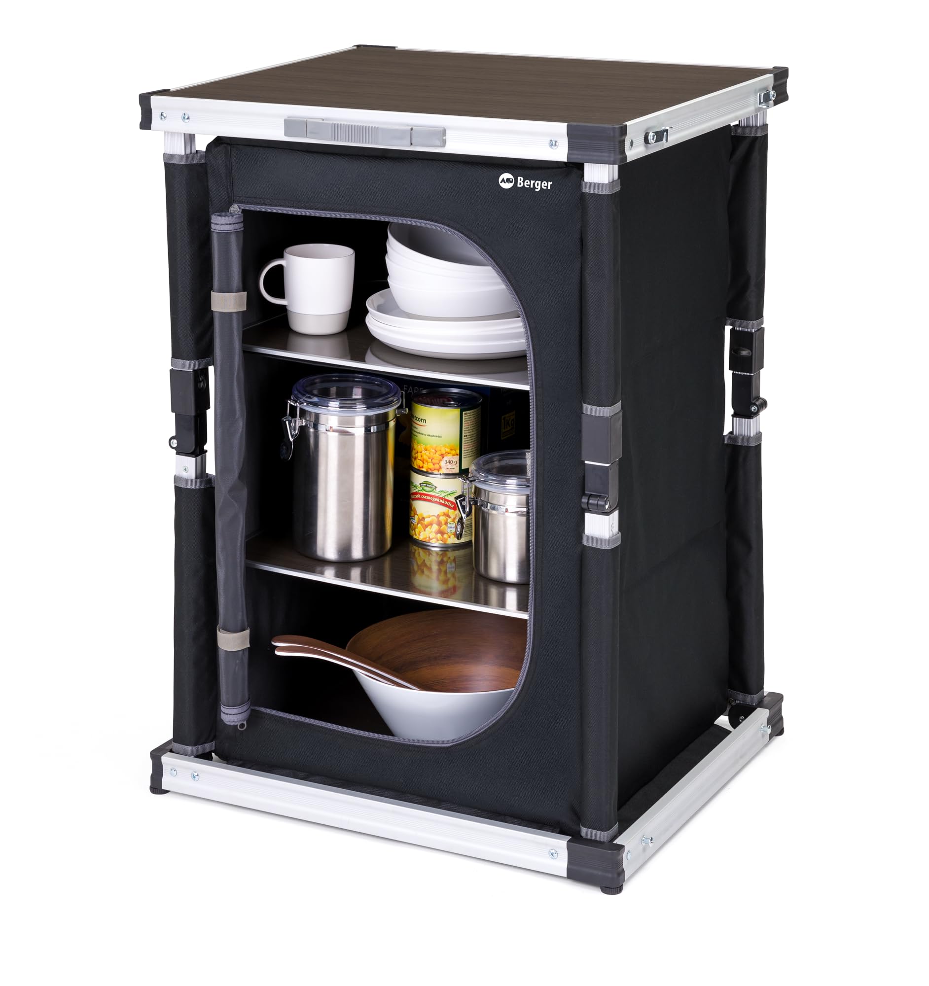 BERGER Tampere S Campingküche │ Campingschrank faltbar mit Staufächern inkl. Tragetasche │ Outdoor Camping Küche Camping Küchenschrank faltbar mit Aluminiumgestell Campingschrank Küche (S)