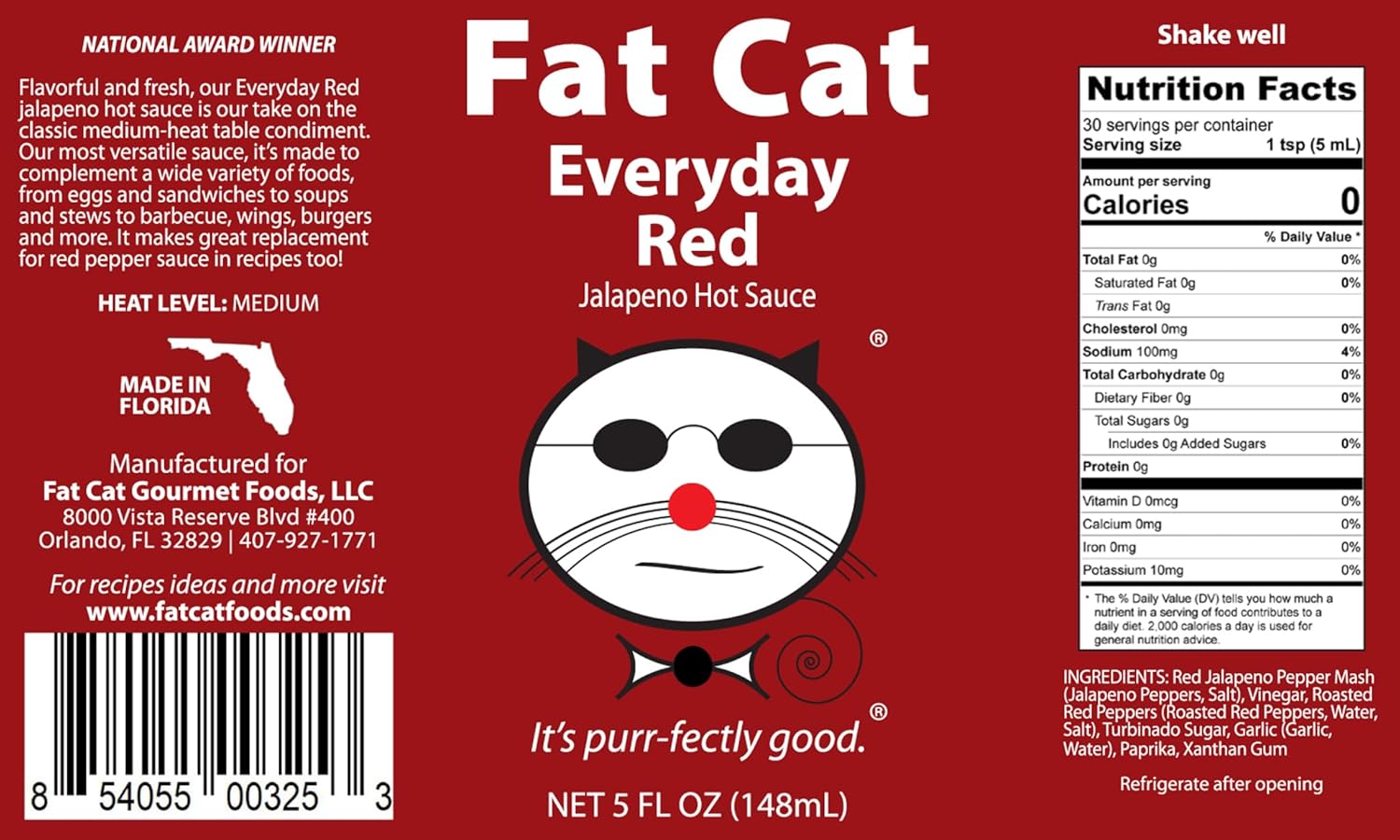 Everyday Red Jalapeño Pepper Hot Sauce by Fat Cat Gourmet | All Natural | Flavorful, Fresh and Versatile | Enhances Everyday Foods | Medium Heat | Gluten Free, Vegan & Keto Friendly | 6 Bottles