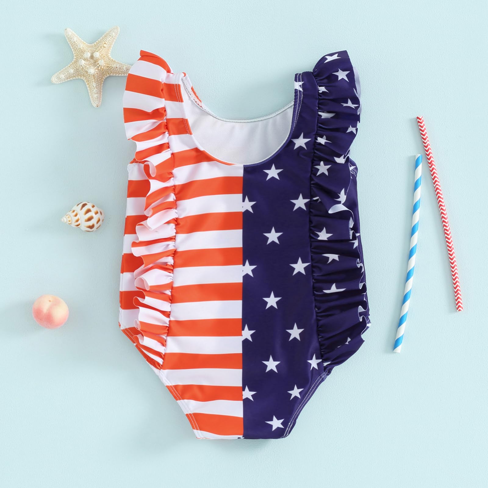 kacubwyy Toddler Girls Swimsuit 4Th of July Summer Beachwear Sleeveless One Piece Swimwear Bathing Suit (US, Age, 12 Months, 18 Months, Ruffle Sleeve)