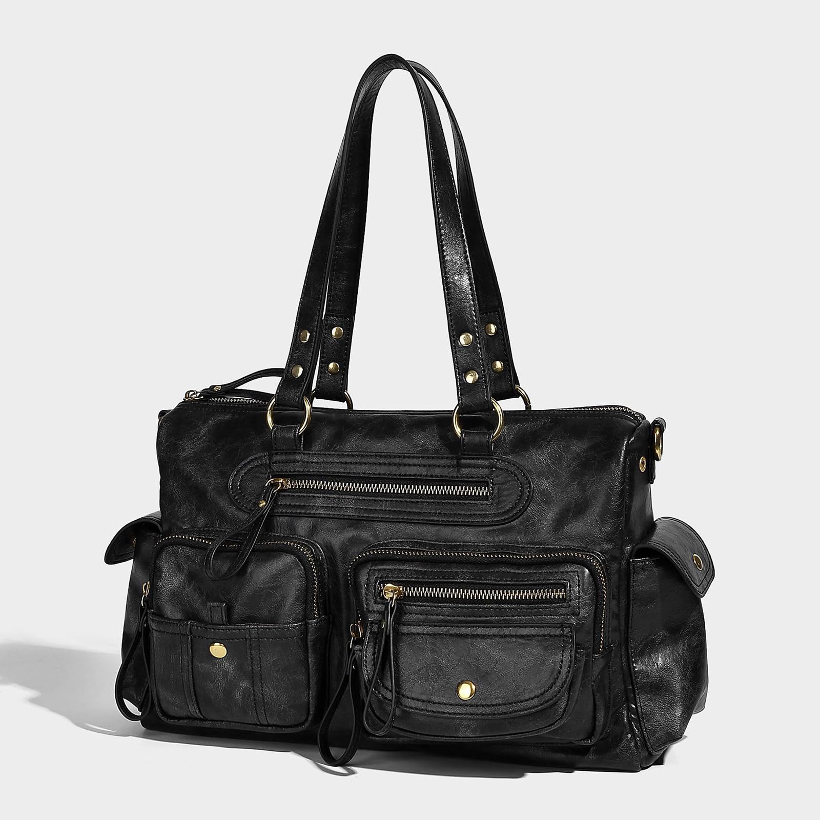 Borsa a tracolla da donna in PU stile anni '90 con tasche multiple borsa retrò con cerniera a tracolla per viaggi, nero+marrone
