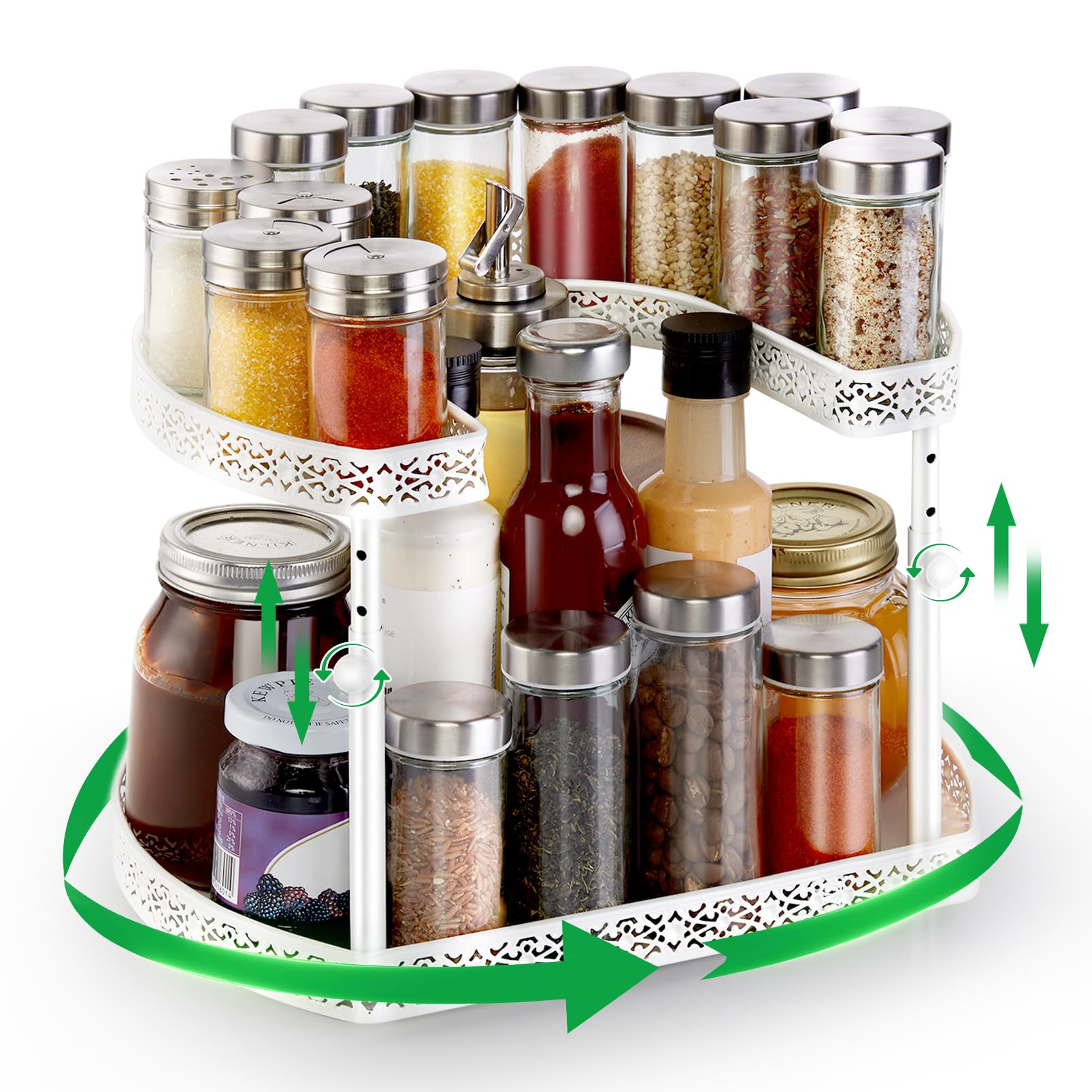 Spice Rack Lazy Susan Organizer - 2 Tier Rotating Spice Spinner for Cabinet with 4 Height Settings & Non-Slip Pad Kitchen Turntable Organization for Bathroom Pantry Countertop & Storage - White Metal