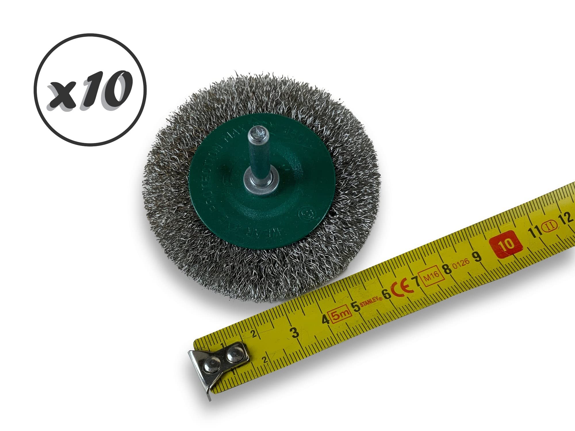 Zestaw 10 metalowych okrągłych szczotek obrotowych na pręcie Ø 75 mm | Drut ze stali nierdzewnej Ø 0,20 mm | Grubość 8 mm | 1 rząd | Do wiertarki lub wkrętarki z uchwytem | Kibros 2675IV8x10