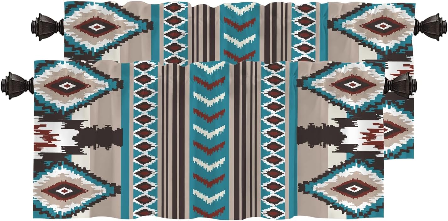 Ethnic Aztec Kitchen Valances Window Curtain, Native American Pattern Pink Green Plaid Blackout Decoration Small Window Valances Curtains Drapes for Kitchen Bedroom, 52 X 18 Inch