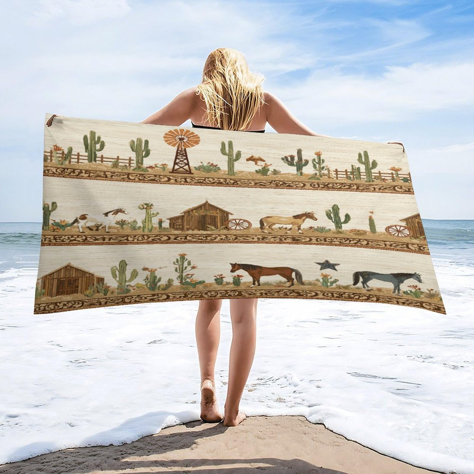 Luyysky Classic Rustic Animal Horse Quick-Drying Beach Towel, Western Abstract Desert Barn Windmill Cowboy Theme Plant Cactus Travel Vacation Single Sided Pile Bathroom Towels-80 W Cm X 160" L Cm