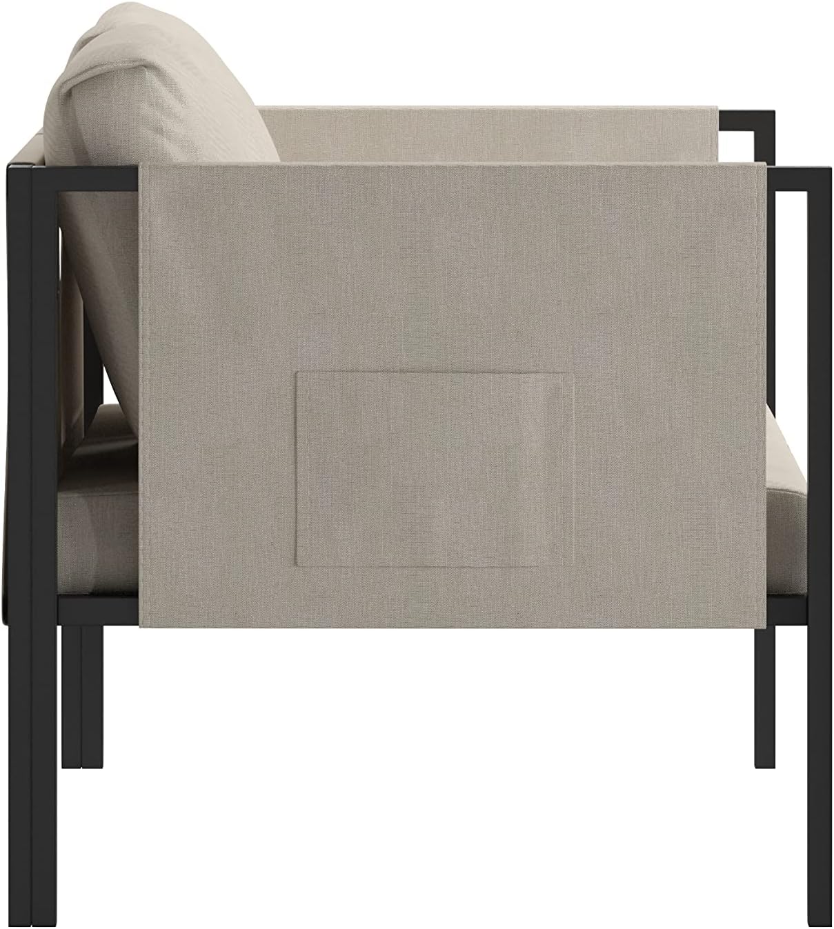 EMMA + OLIVER Adelina Indoor Outdoor Patio Loveseat Black Steel Framed Lounger with Beige Cushions and 2 Storage Pockets