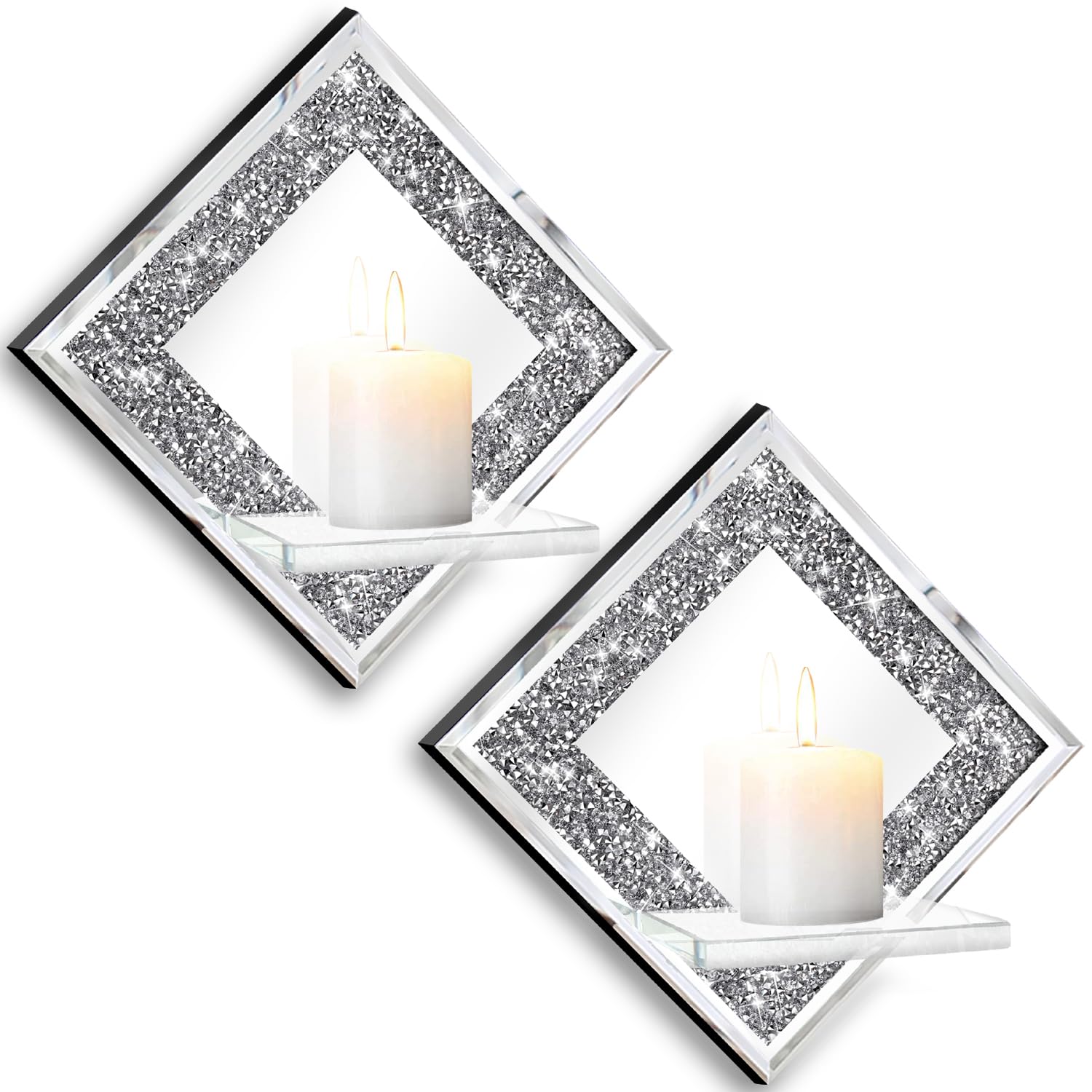 ZOLAPI Kristall-Crush-Diamant-Kerzenhalter im 2er-Set, Diamant, Silber, verspiegelte Kerzenleuchter, Wanddekorationen für Wohnzimmer, Esszimmer und Schlafzimmer