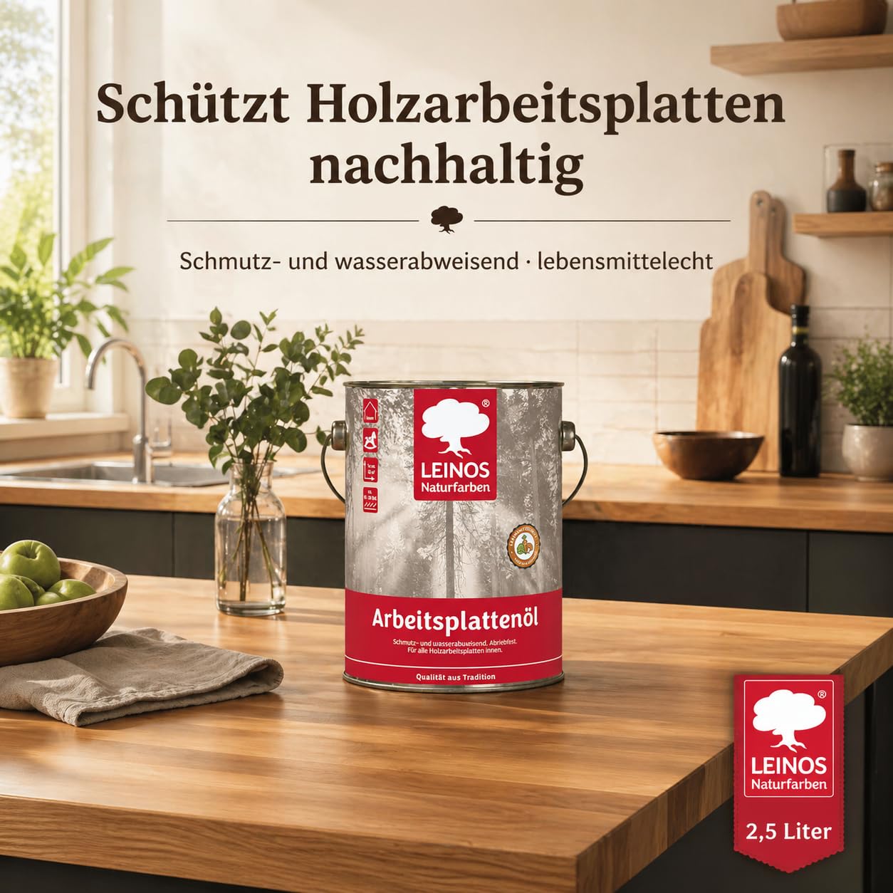 LEINOS 280 Arbeitsplattenöl 2,5 l Dose – lebensmittelecht, Öl für Küche | Imprägniert & schützt Holz nachhaltig gegen Schmutz & Feuchtigkeit – fleckenbeständig gegen Kaffee, Rotwein & Fruchtsäfte