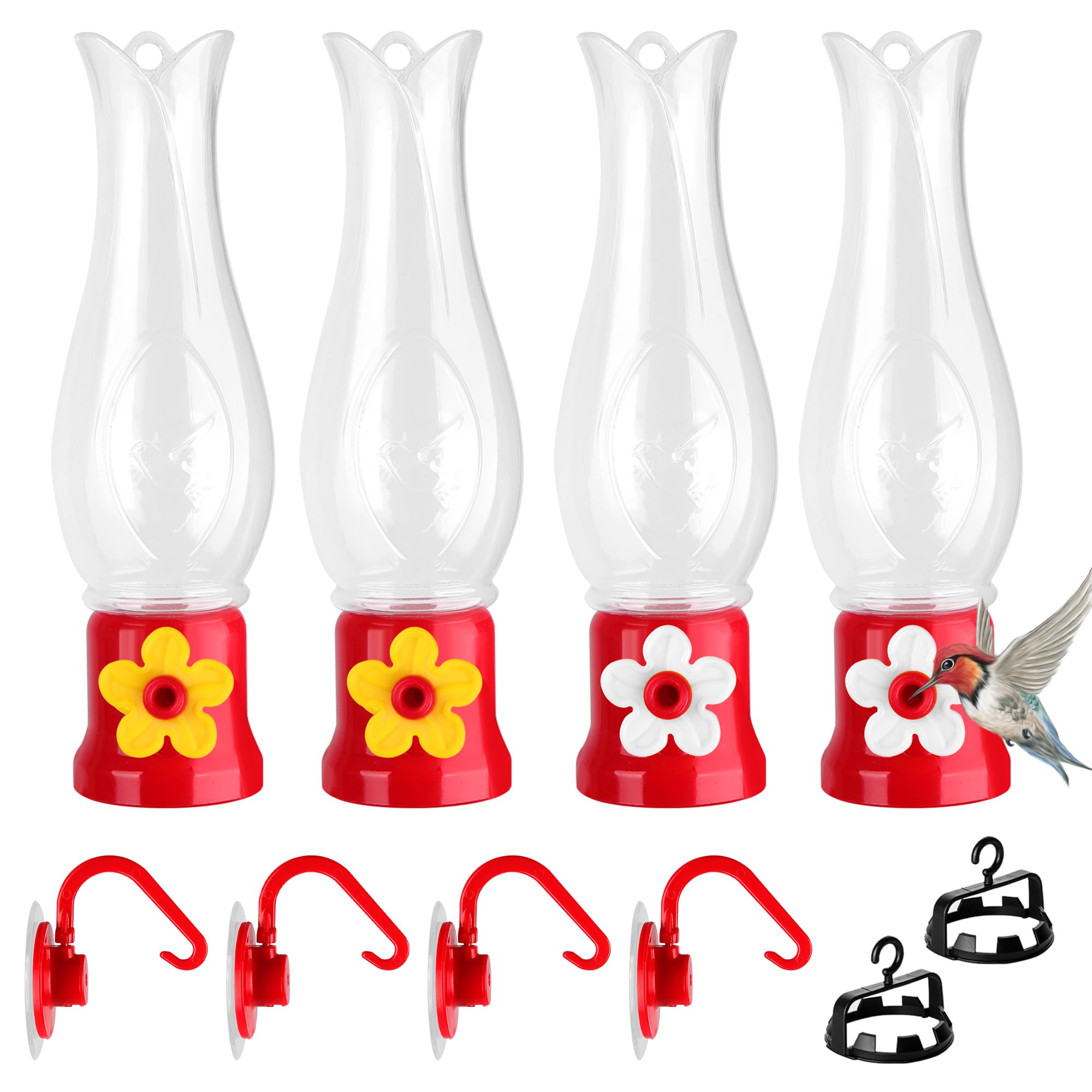 ORIENTOOLS Hummingbird Feeder 4Pack, Mini Hanging Flower Bird Feeders for Outdoors with 4 Window Mount Suction Cup Accessories, 3.4 oz/Pc