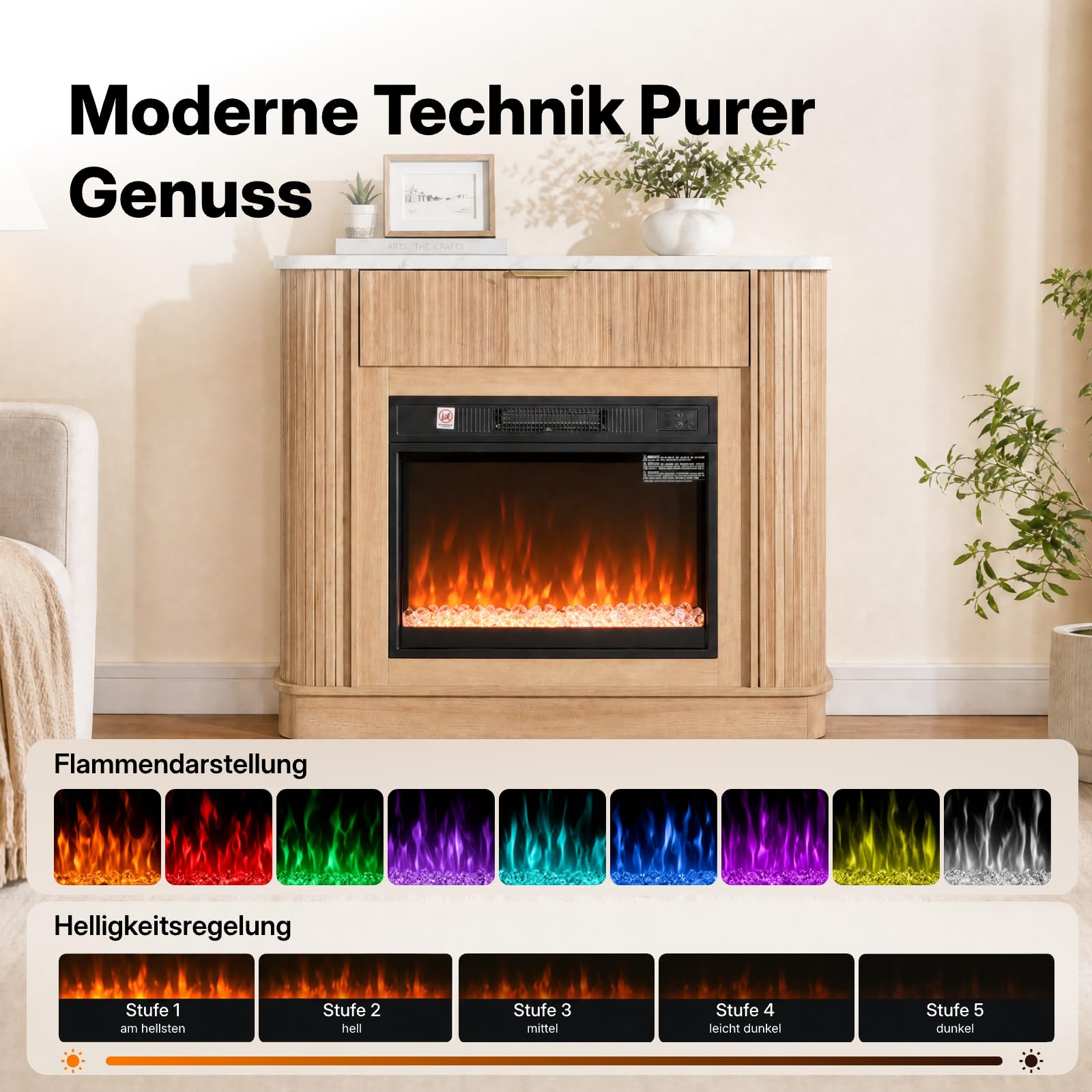 NorthSky Elektrokamin mit Heizung 1800W, 39 Zoll Standkamin mit Kaminsims & Marmorplatte, 23 Zoll 3D LED Flammeneffekt, 7 Farben 10 Modi, Fernbedienung & Timer, Stauraum Schublade, Wohnzimmer