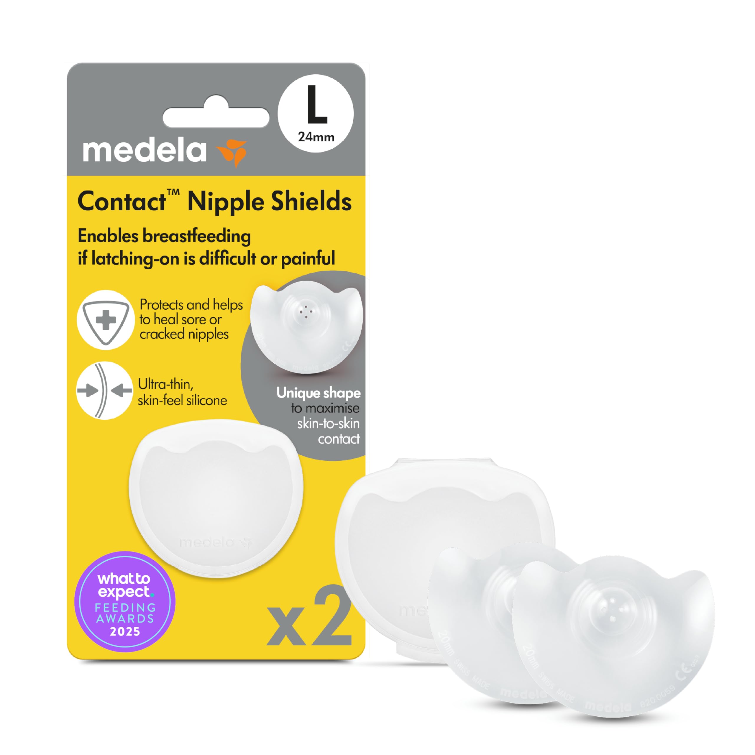 Medela Contact Nipple Shield for Breastfeeding, 24mm Medium Nippleshield, For Latch Difficulties or Flat or Inverted Nipples, 2 Count with Carrying Case, Made Without BPA