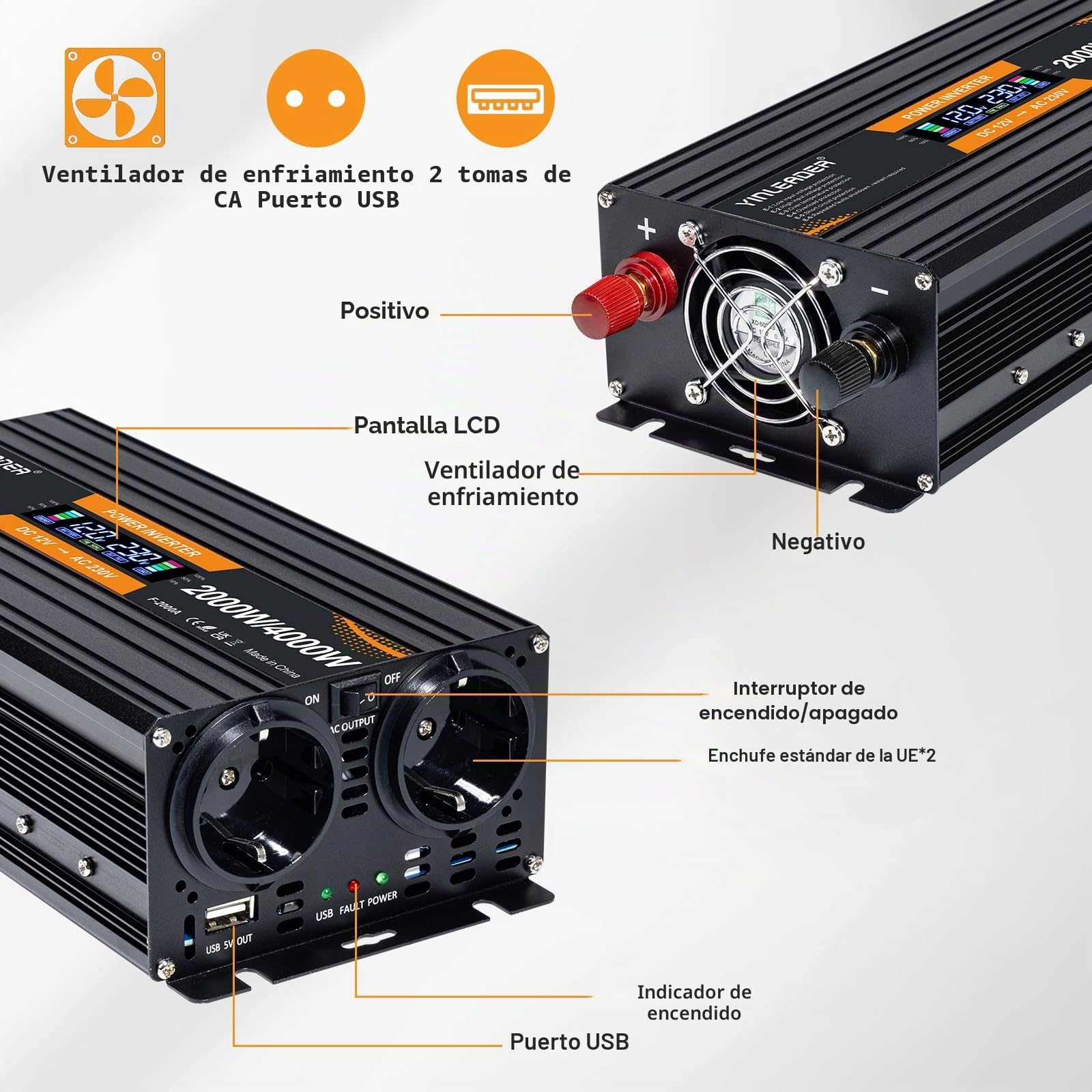 Yinleader - Convertidor de potencia (12 V, 220 V, 2000 W, 2000 W, convertidor de potencia, pantalla LCD, 2 tomas de CA para panel solar, coche VR