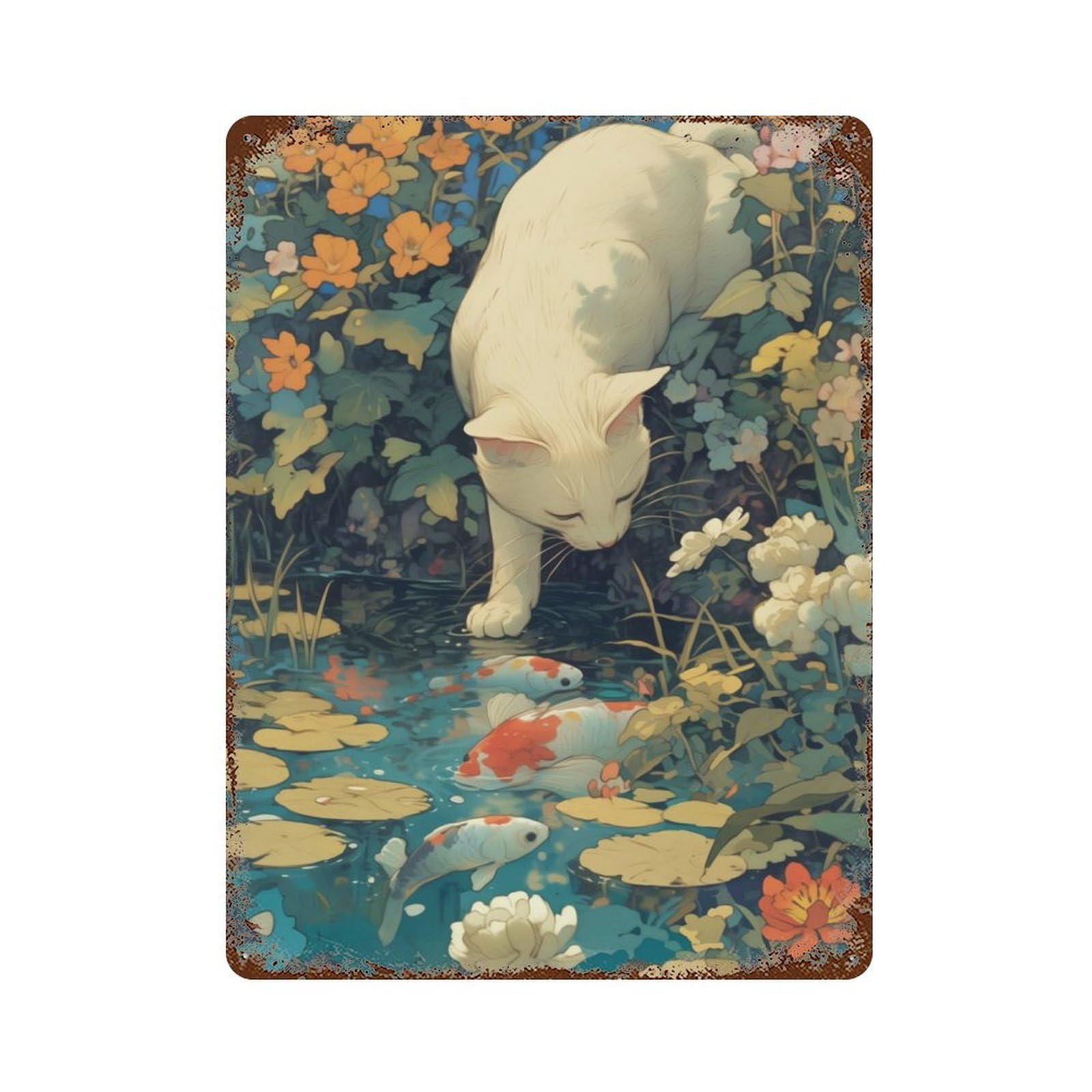 Cat by The Koi Fish Pond Aged Metal Wall Plaque 15.7"x11.8", Farmhouse Wall Decor for Office, Studio And Wall Decor