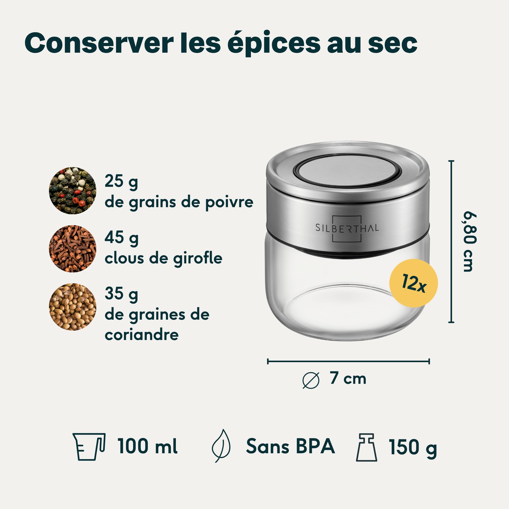 SILBERTHAL Lot de 12 Boîtes à Épices en Verre 100 ml